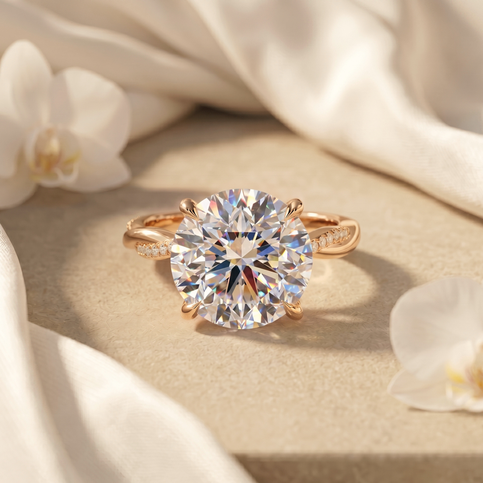 A rose gold moissanite engagement ring with a twisted pavé-set band and a round brilliant-cut center stone.