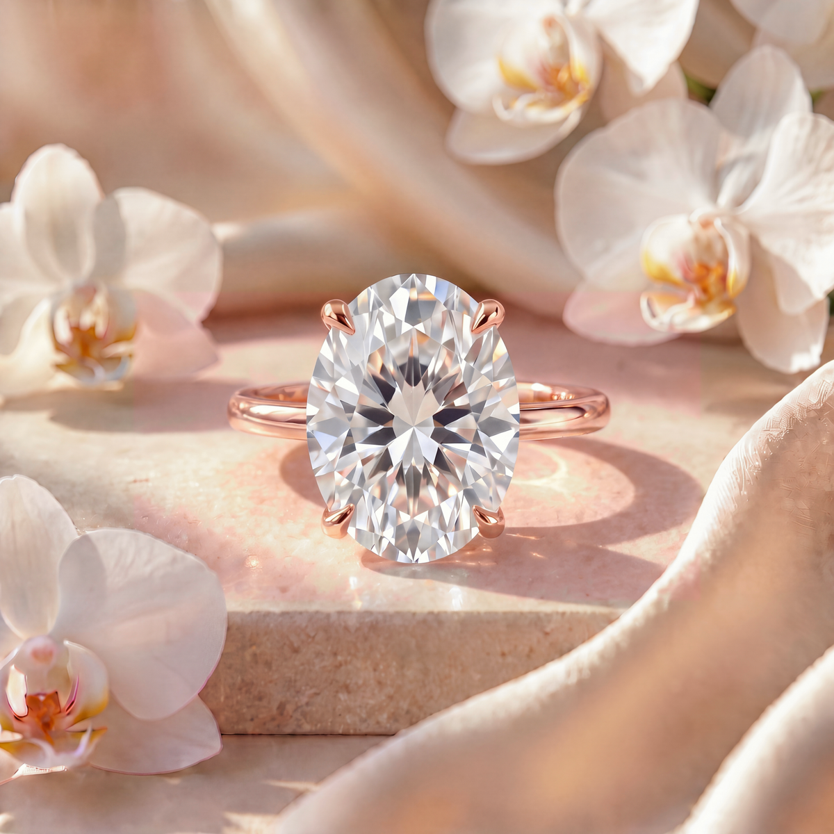 Solitaire oval cut moissanite engagement ring on a rose gold band resting on a marble pedestal surrounded by orchids.