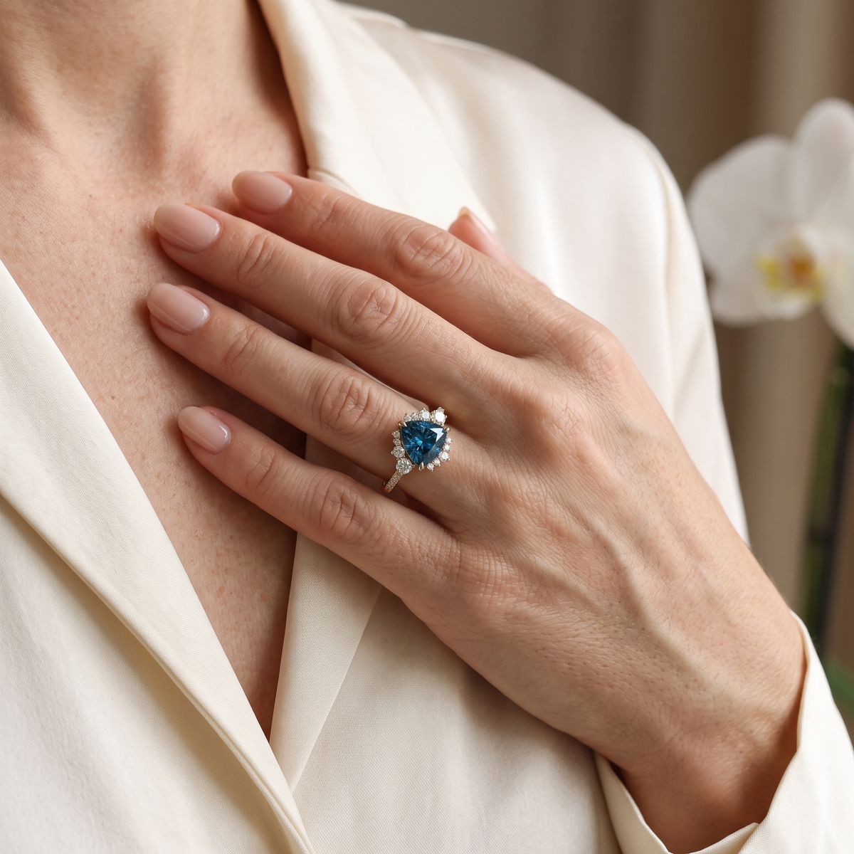 Model wearing a trillion-cut blue moissanite halo ring in rose gold rested against her collarbone.