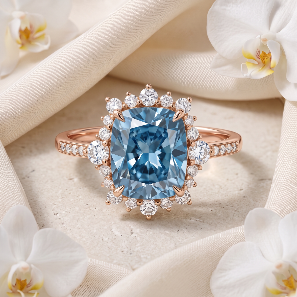 Front view of a rose gold cushion-cut blue moissanite halo ring.