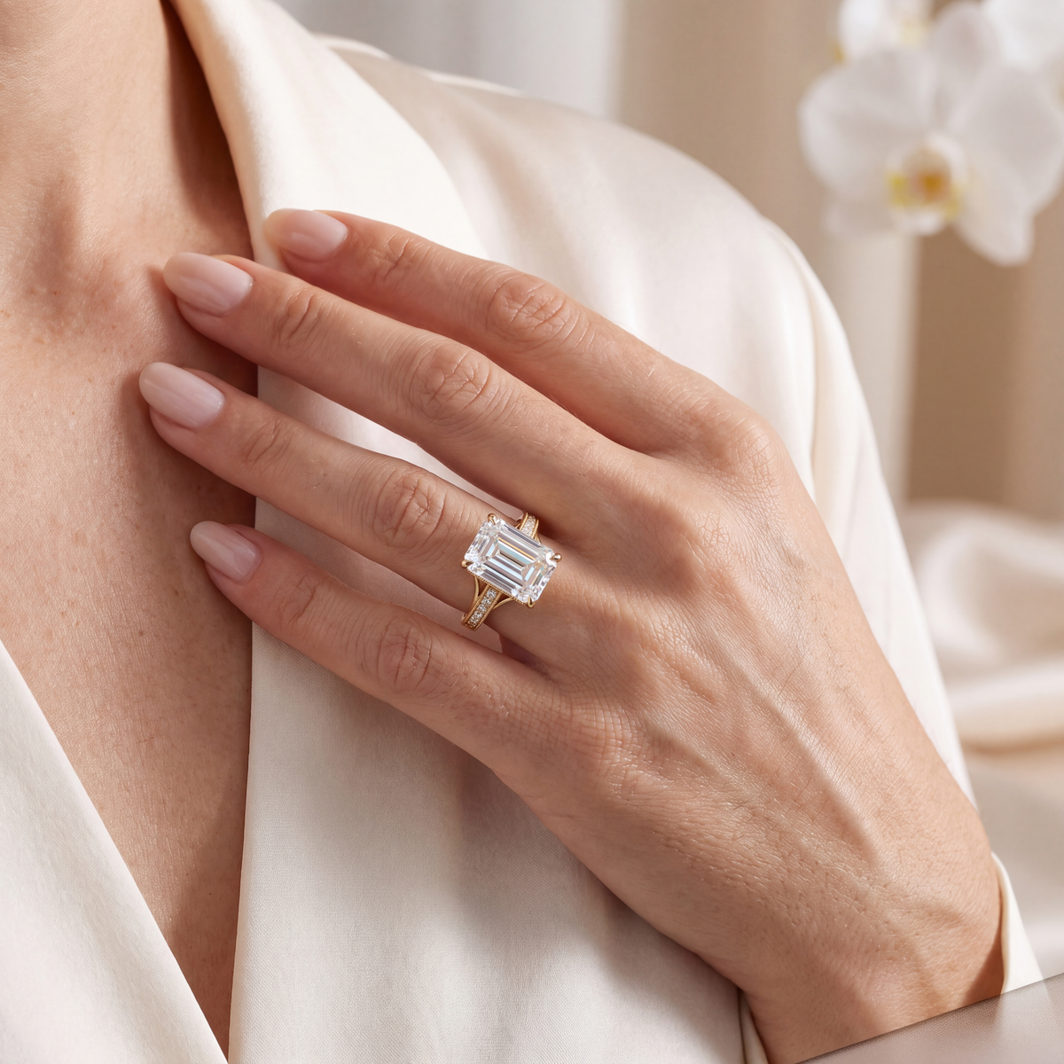 Close-up of a model's hand wearing the emerald-cut moissanite engagement ring in yellow gold.