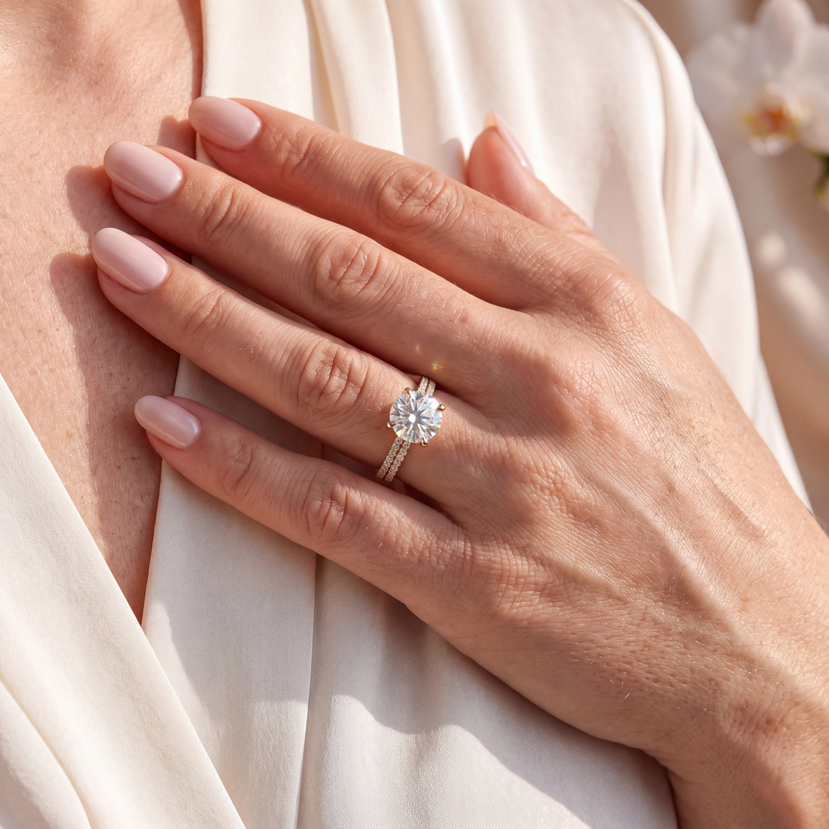 Close-up of a yellow gold round moissanite ring with a double pavé band worn by a model in an elegant silk garment.