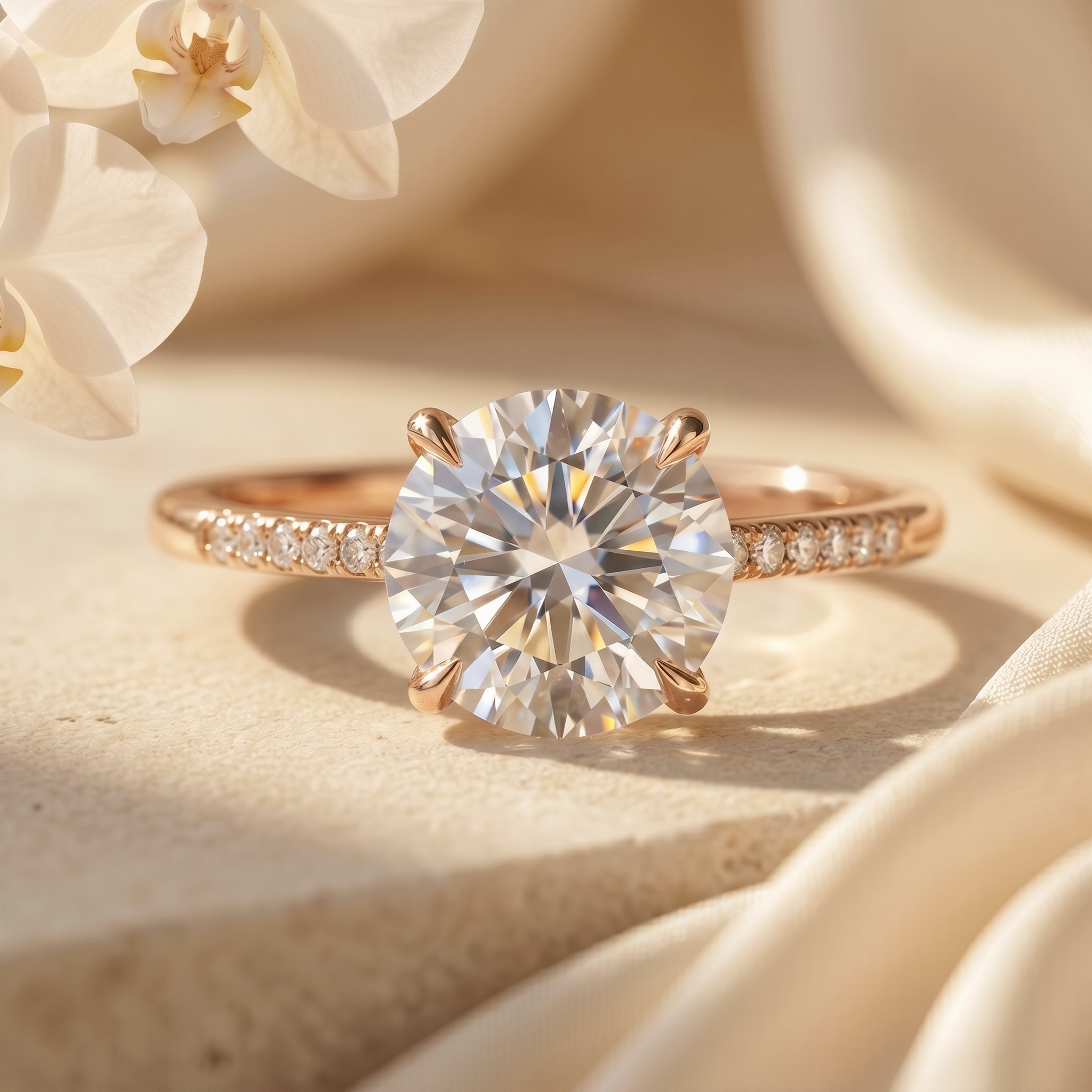 A round brilliant cut moissanite engagement ring in rose gold with a diamond pavé band, displayed on a textured surface.