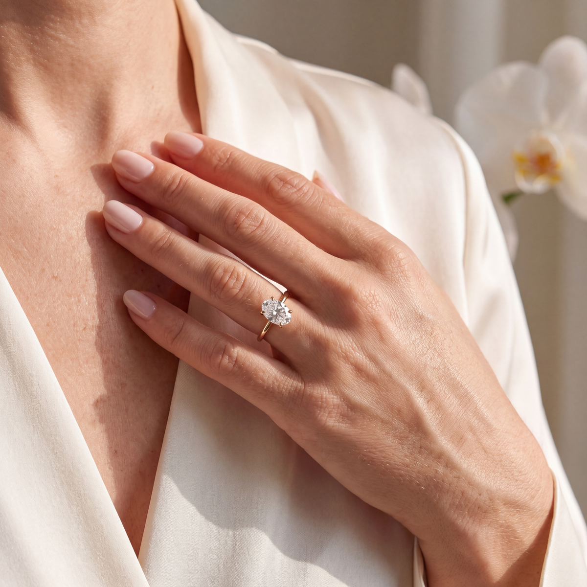 An oval moissanite solitaire ring in yellow gold worn on a hand resting over silk clothing.