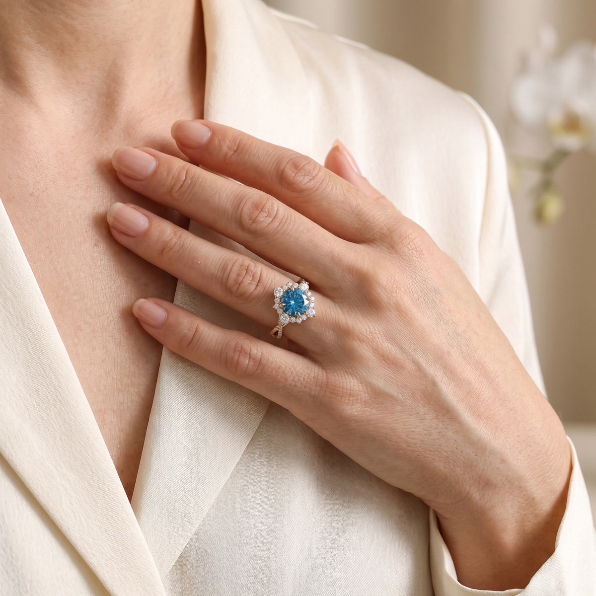 Lifestyle view of a woman wearing the rose gold blue moissanite halo ring on her ring finger.