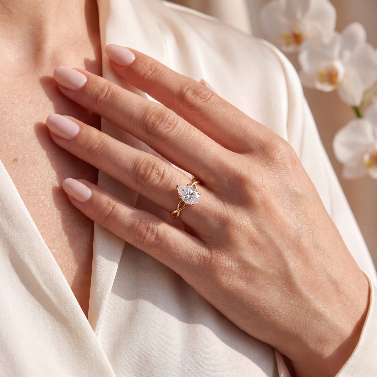 Model hand showcasing a yellow gold pear moissanite ring with a twisted band.