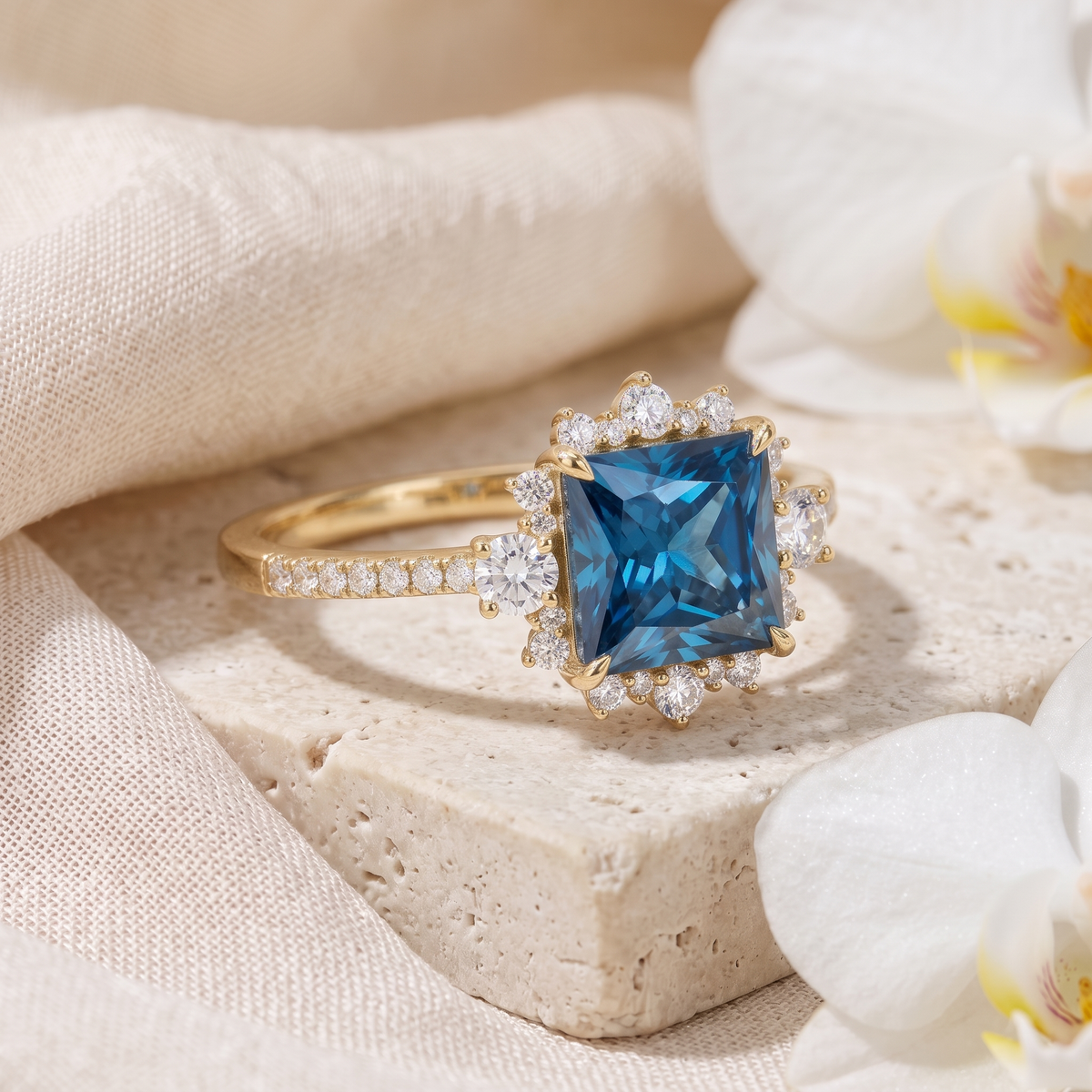 Angled view of the princess-cut blue moissanite halo engagement ring in yellow gold on a stone base.