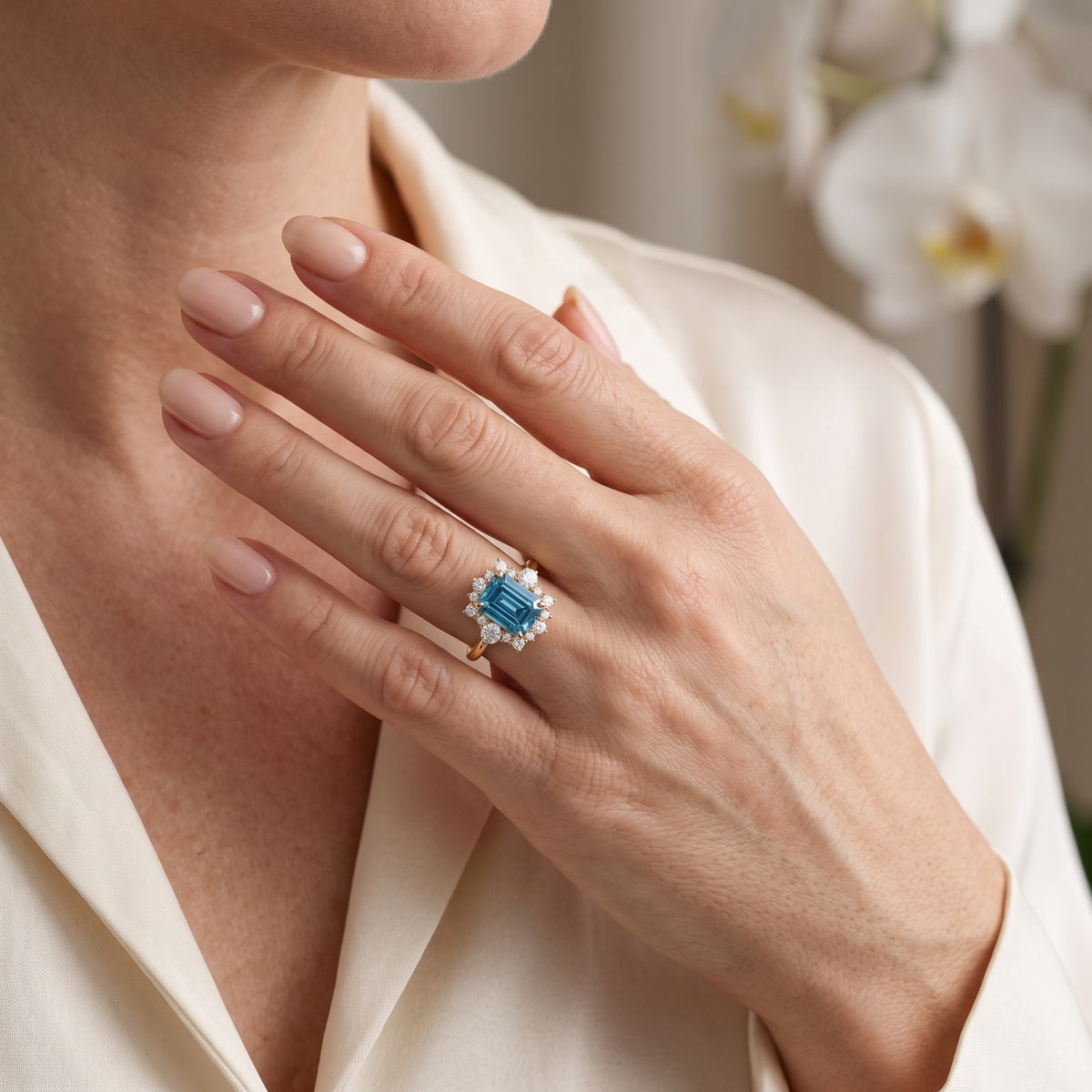 Close-up of a hand displaying an emerald-cut blue moissanite halo ring in rose gold.