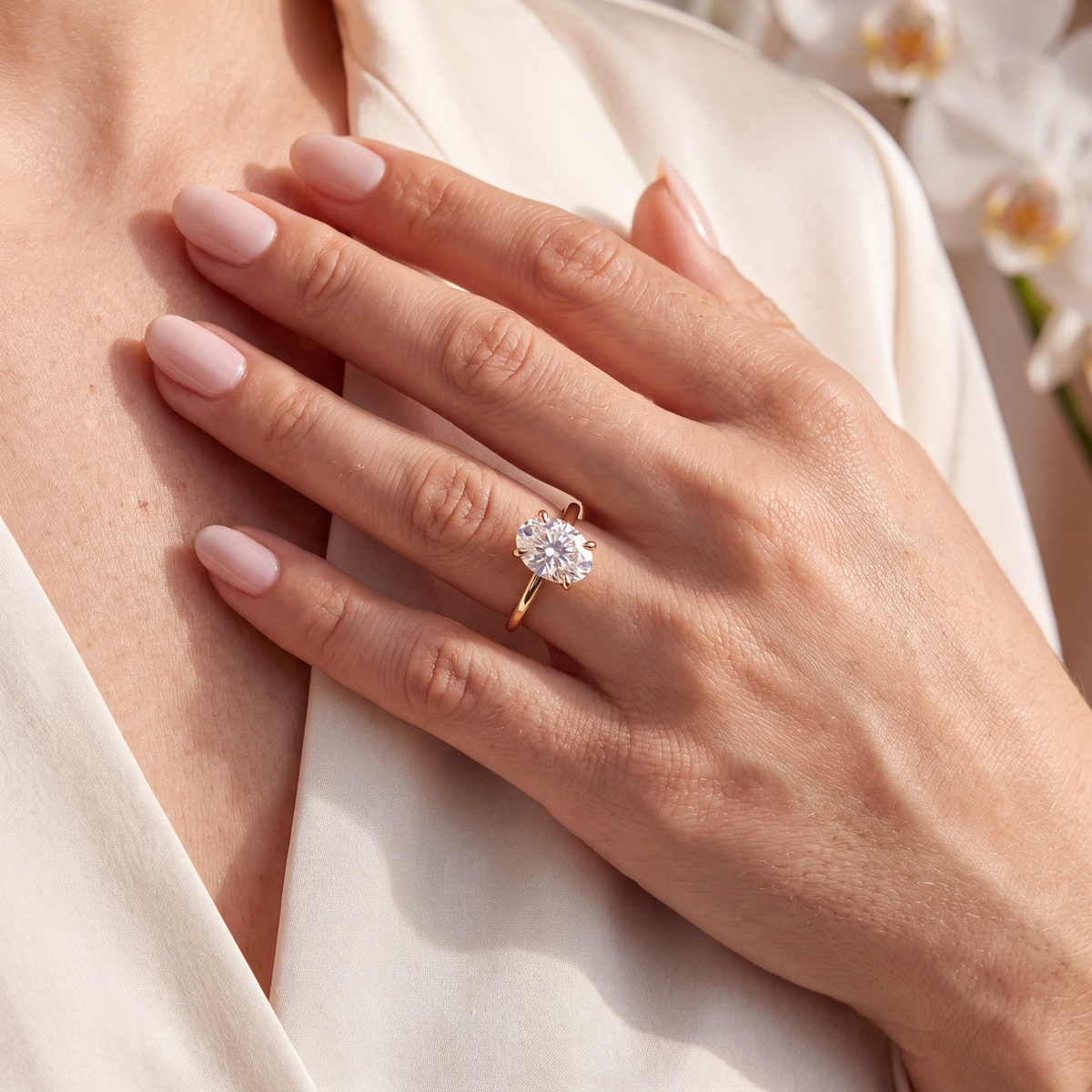 Yellow gold oval moissanite solitaire engagement ring styled on a hand resting against silk clothing.