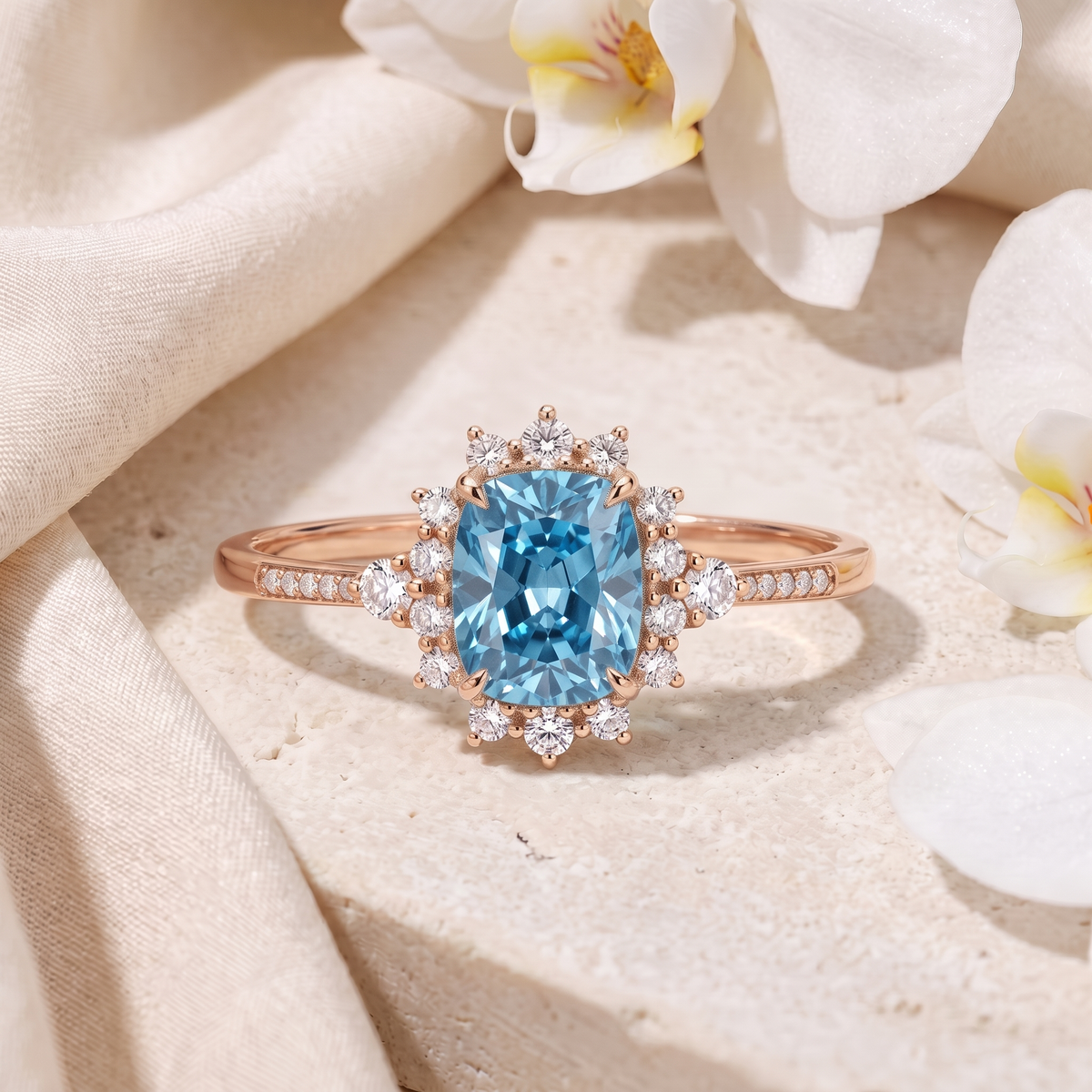 Front view of the rose gold halo ring with a cushion-cut blue gemstone.