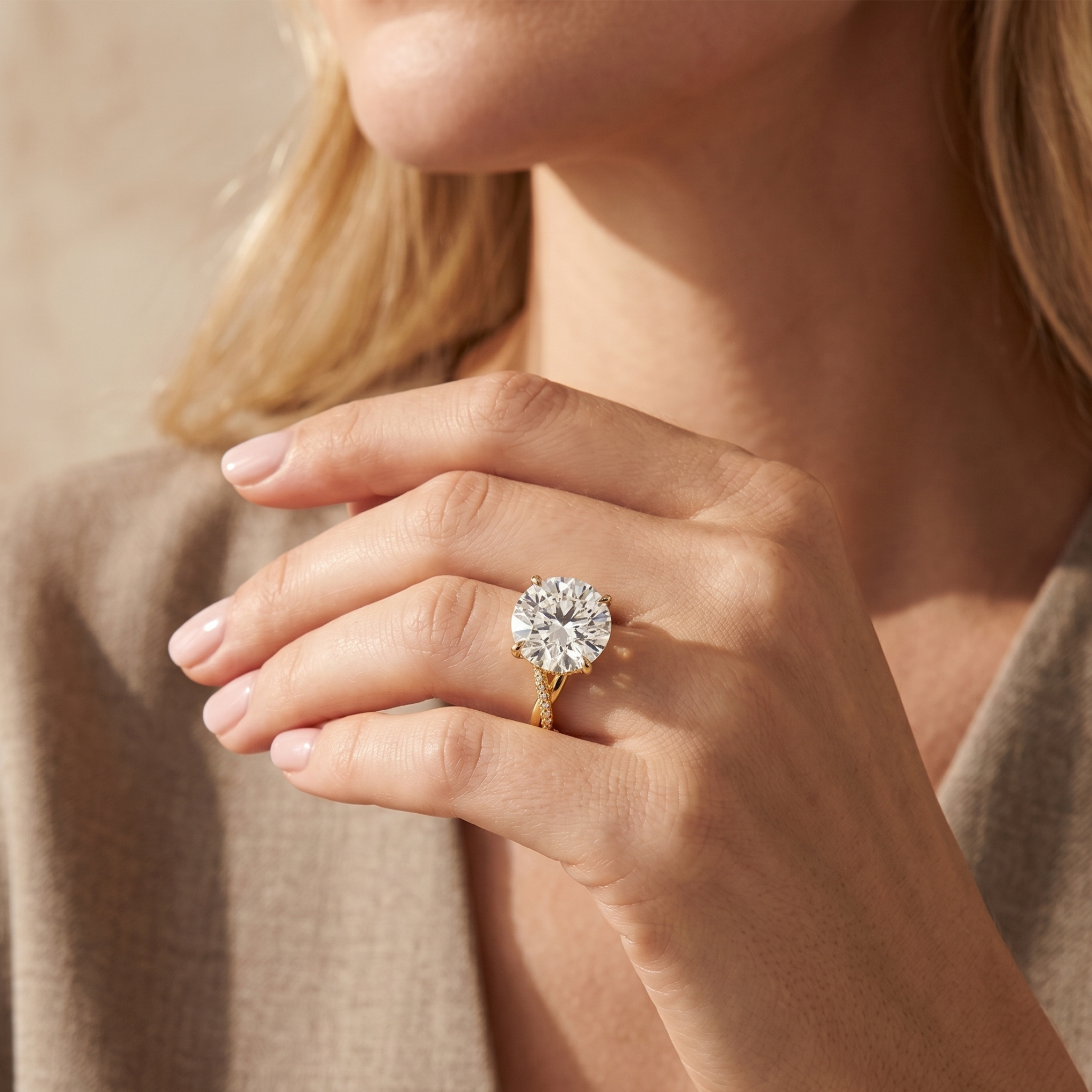 A lifestyle view showing a white gold moissanite engagement ring with a twisted, pavé band on a model's hand.