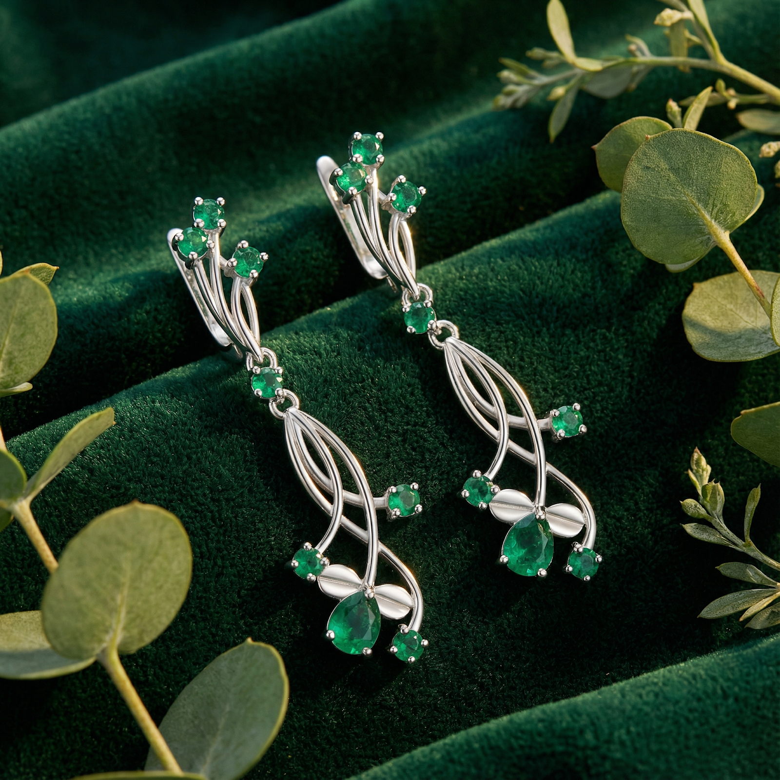 Calysia Vine sterling silver drop earrings with pear and round cut simulated emeralds on green velvet.