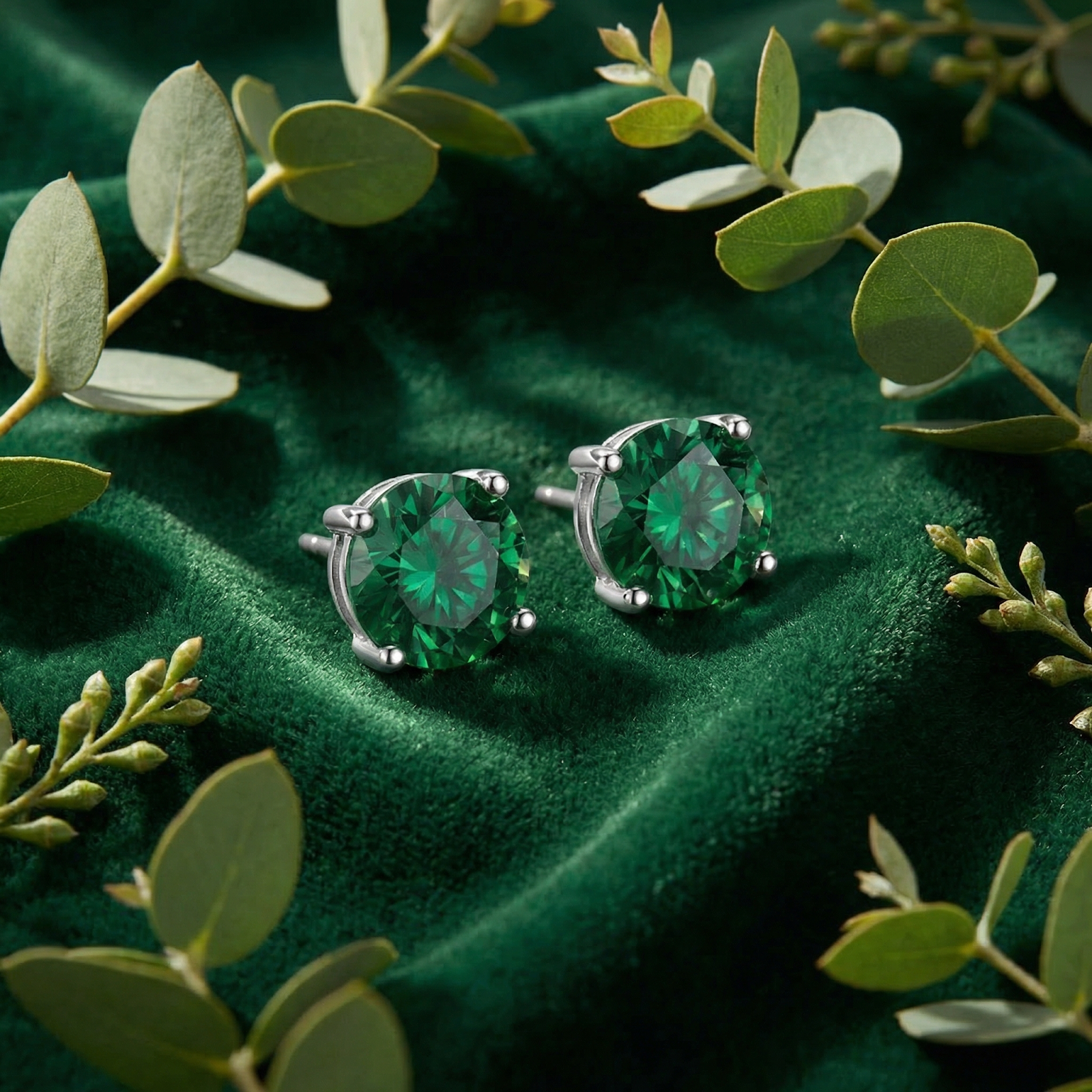 Close-up of round-cut simulated emerald studs in sterling silver settings on a green velvet background.