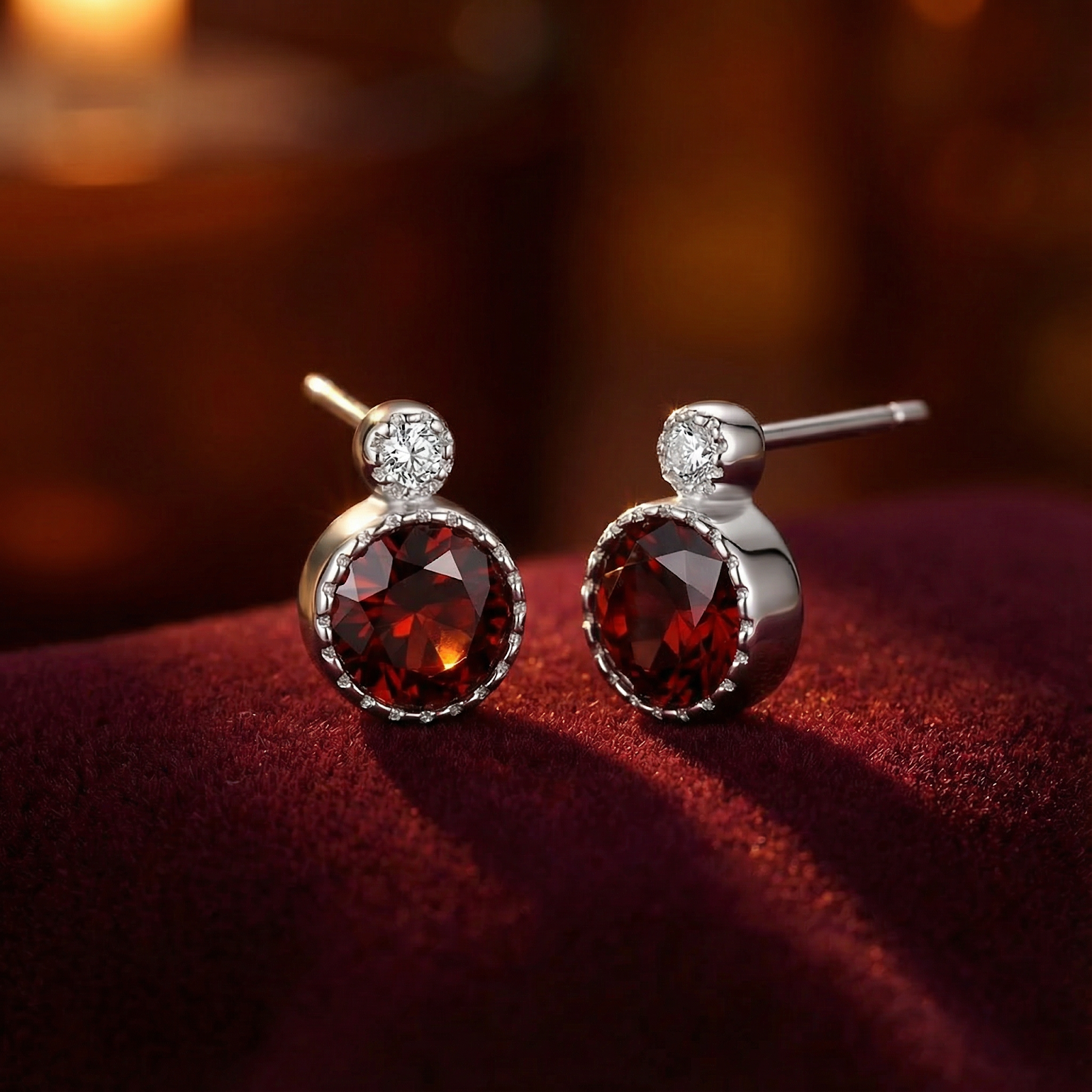 Frontal view of round cut red garnet halo stud earrings in sterling silver resting on red velvet.