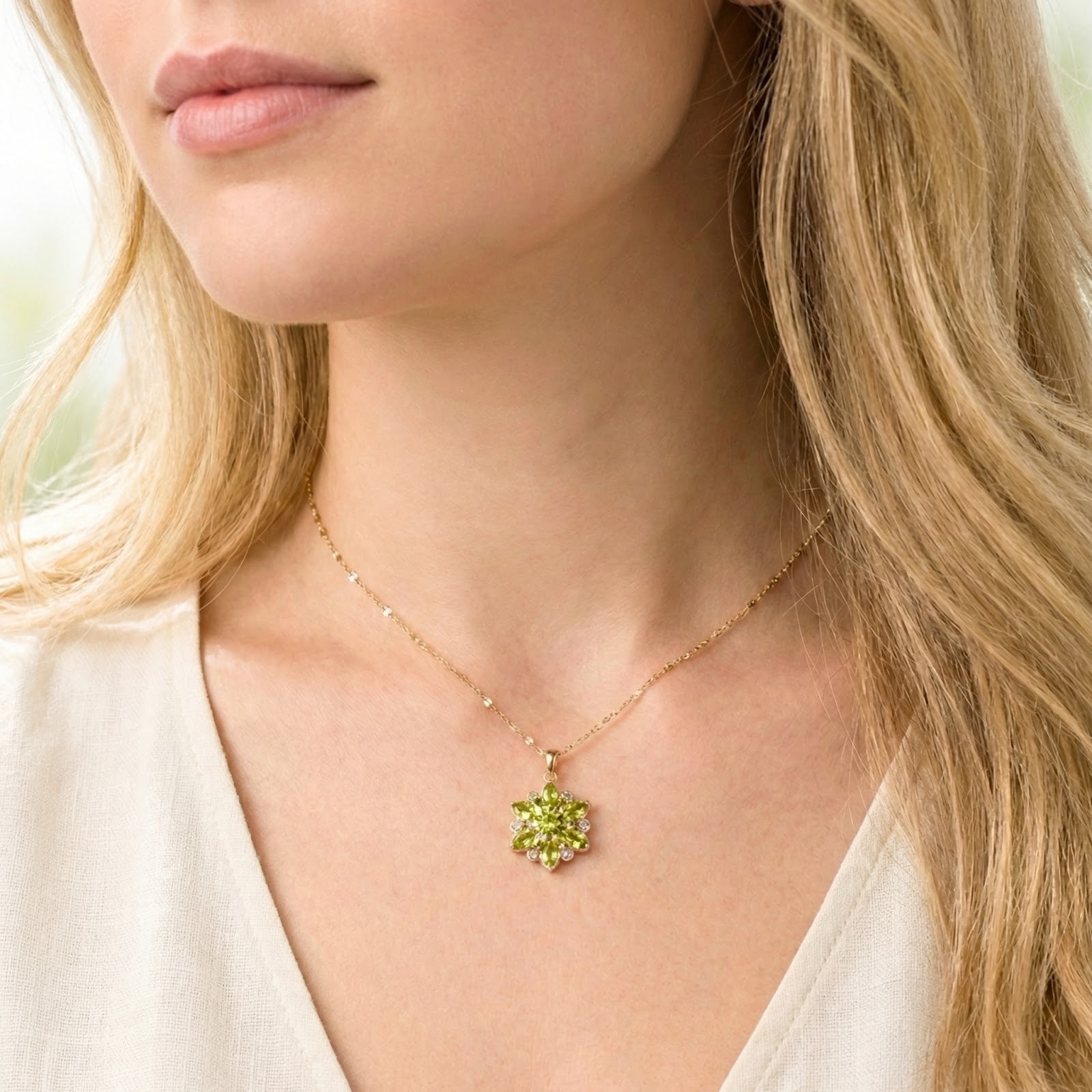 Model wearing the gold stainless steel Zeliana Bloom necklace with a green simulated peridot floral pendant.