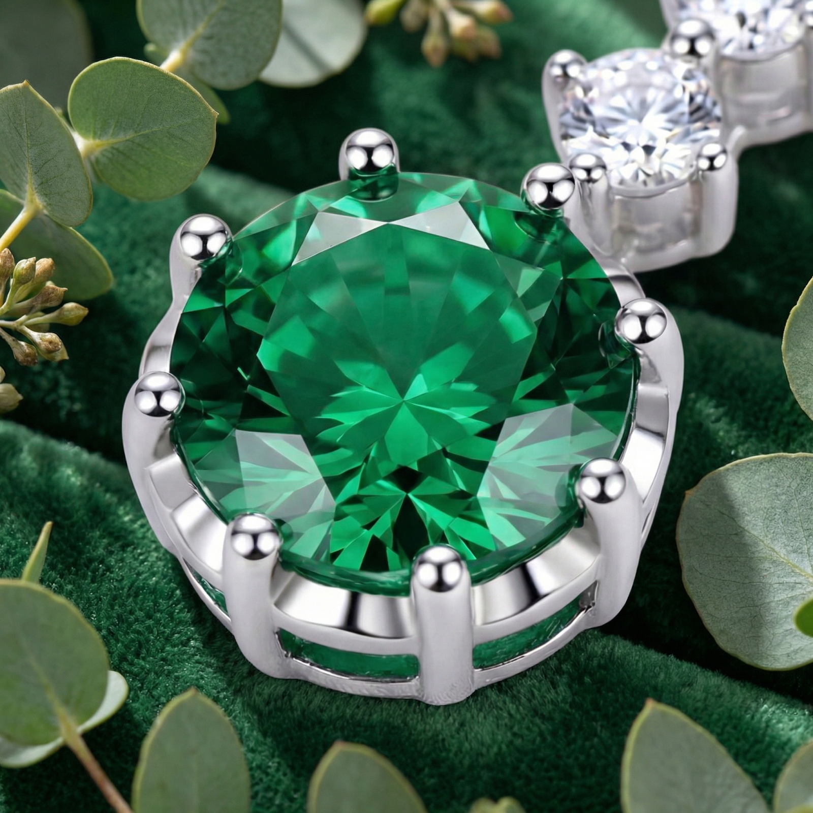 Macro detail of a round cut simulated emerald in a multi-prong S925 sterling silver setting.