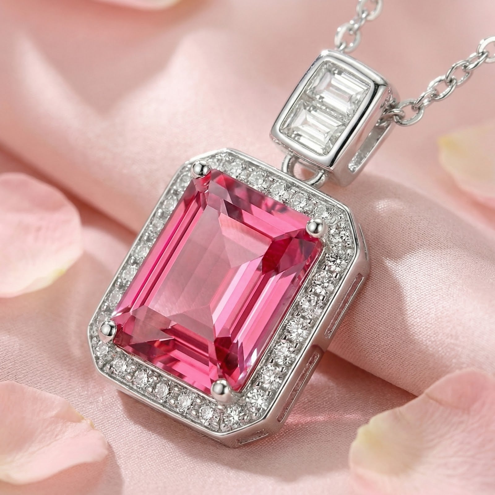 Macro shot of an emerald cut simulated pink tourmaline pendant with a halo setting in sterling silver.