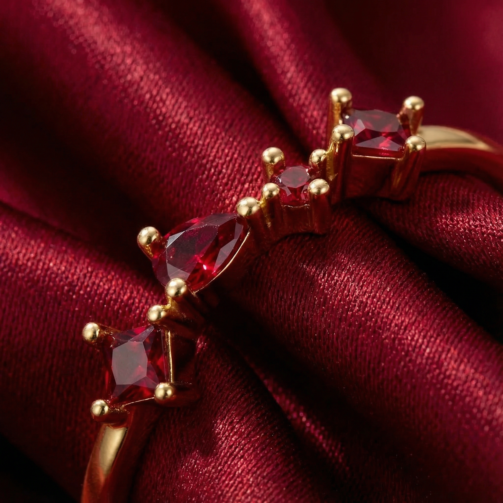 Macro view of the Julianna cluster ring featuring princess and pear cut simulated rubies in 18K gold vermeil.