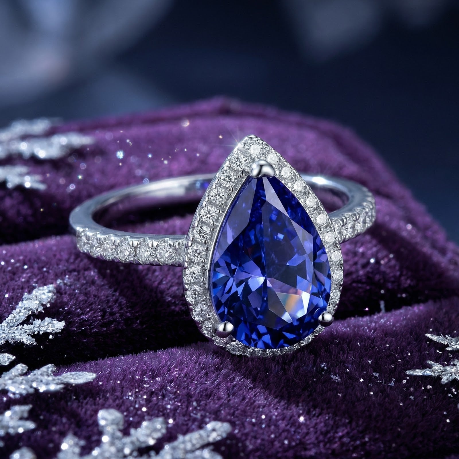 Angled view of a pear cut simulated tanzanite halo ring in sterling silver on purple velvet with snowflakes.