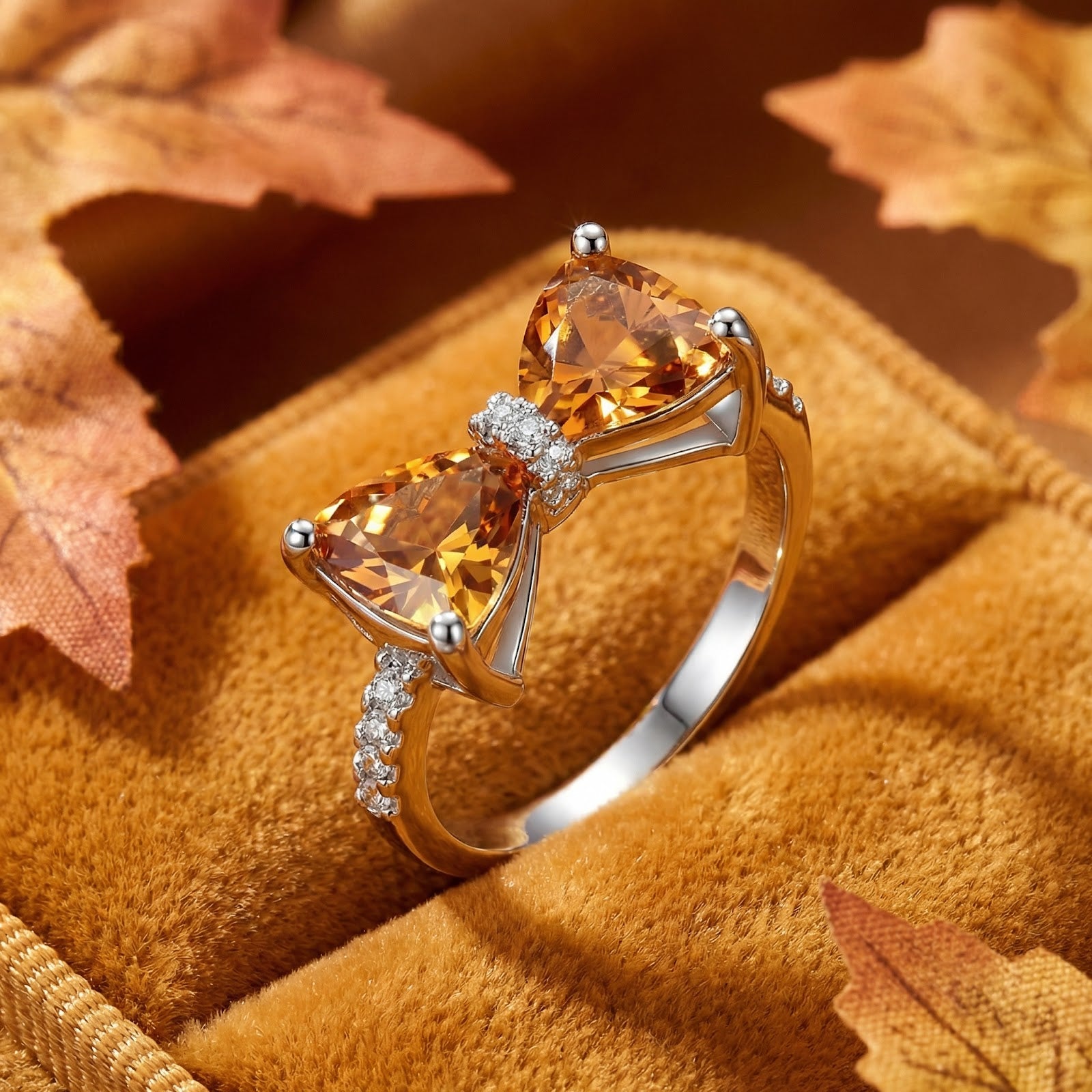Angled view of a sterling silver bow ring with trillion-cut honey topaz stones on velvet with autumn leaves.