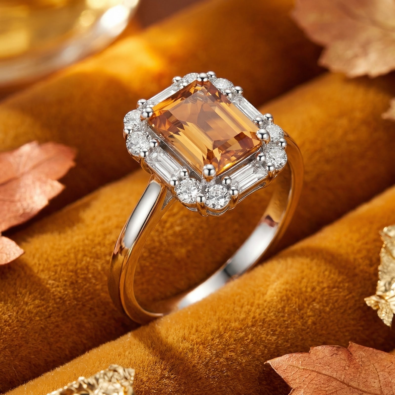 Emerald-cut honey simulated topaz ring in S925 sterling silver displayed on brown velvet with autumn leaves.