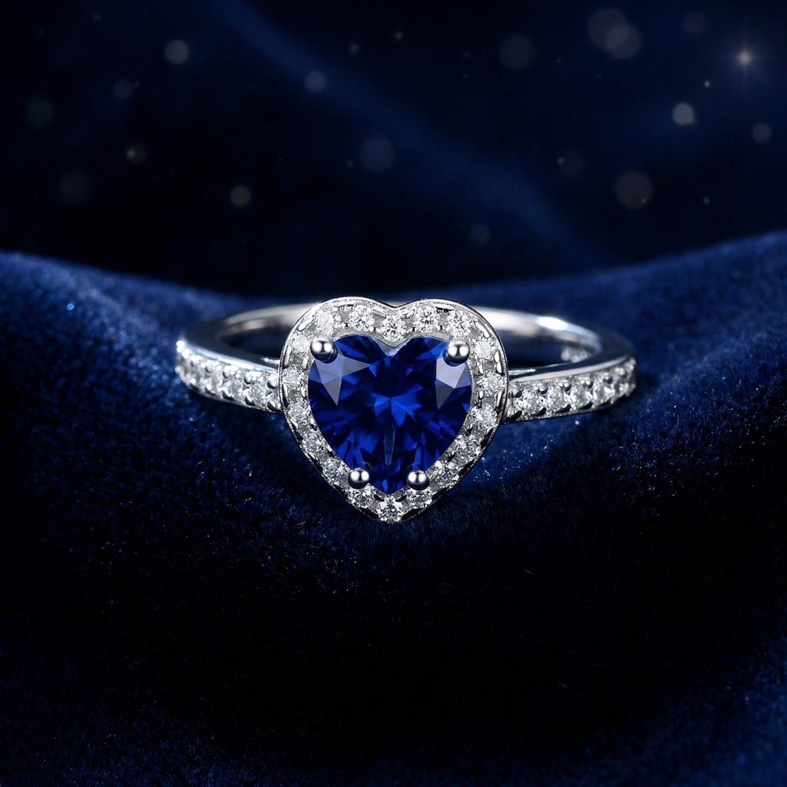 Front view of the heart-cut simulated sapphire ring in S925 sterling silver on a dark blue velvet background.