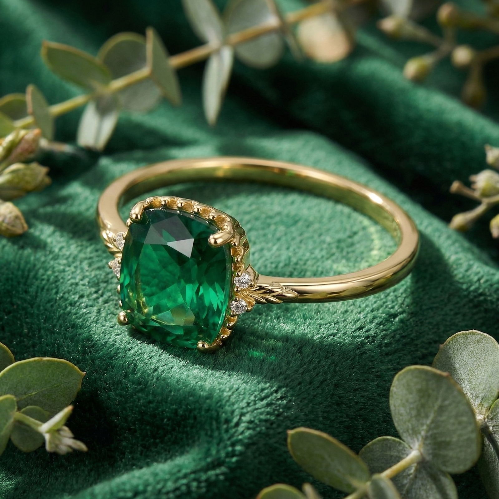 Cushion-cut forest green simulated emerald ring in 18K gold vermeil on green velvet with eucalyptus.