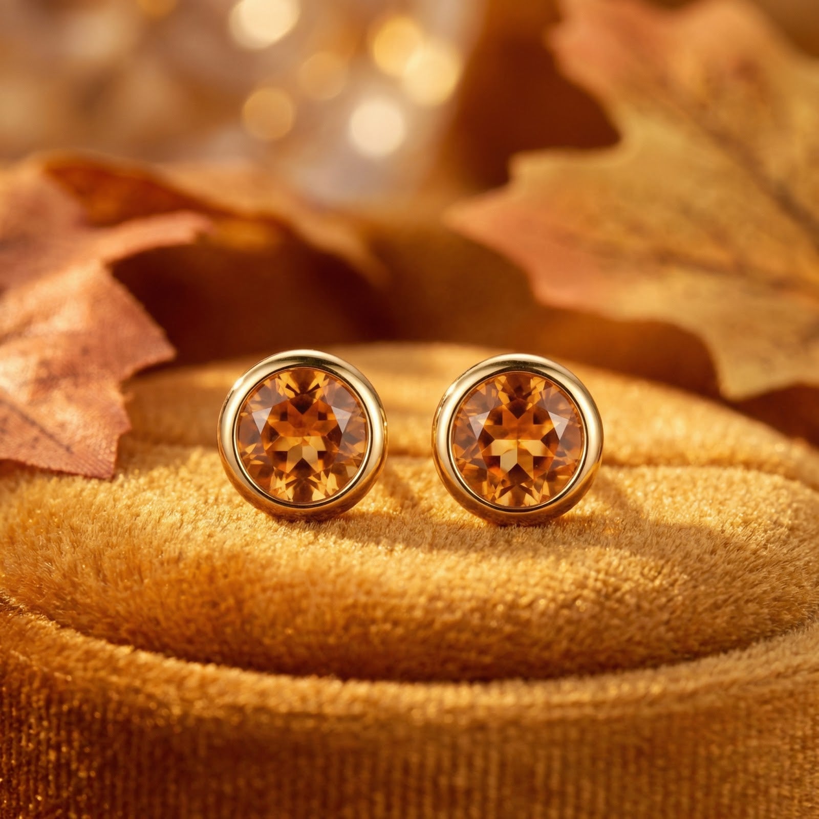 Frontal view of round-cut simulated topaz stud earrings in 18K gold vermeil on a warm velvet surface.