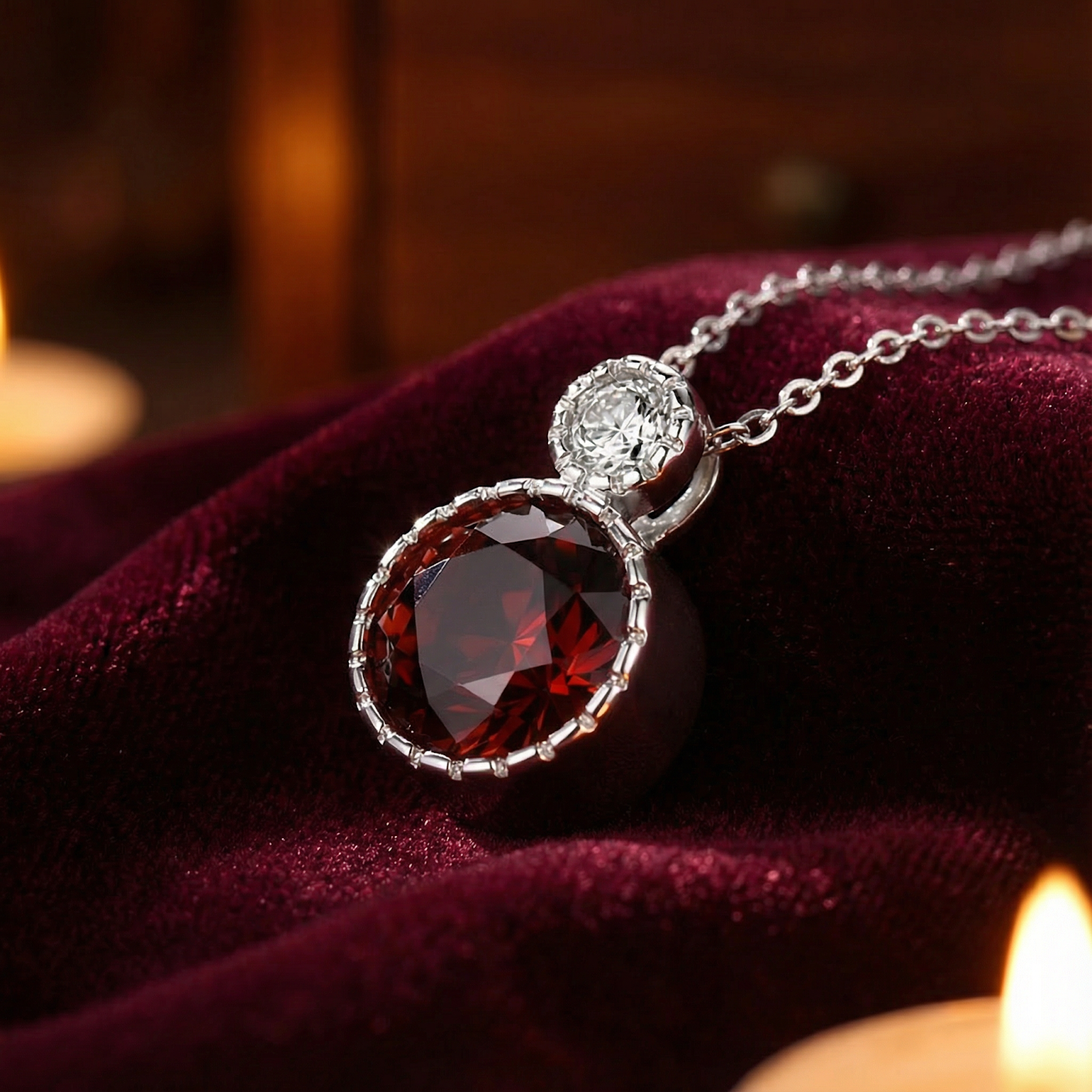 Macro view of the round cut red garnet pendant and sterling silver setting showing stone facets.