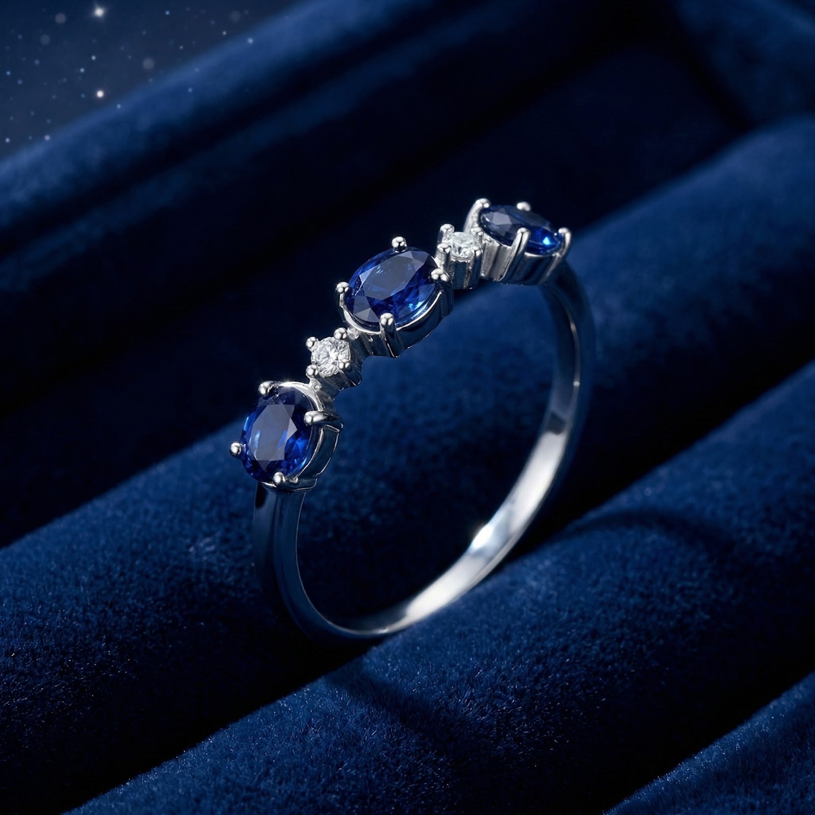 Angled close-up of the Nerisara S925 sterling silver bypass ring showing blue sapphire settings and clear accents.