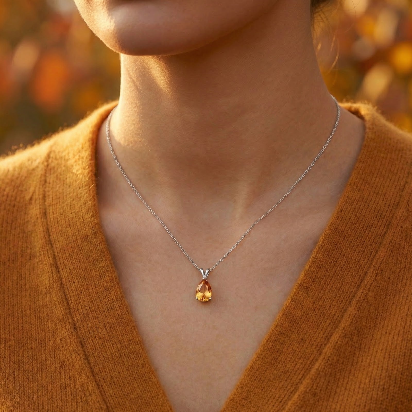 Woman wearing the pear-cut honey moissanite solitaire necklace in sterling silver over a mustard sweater.