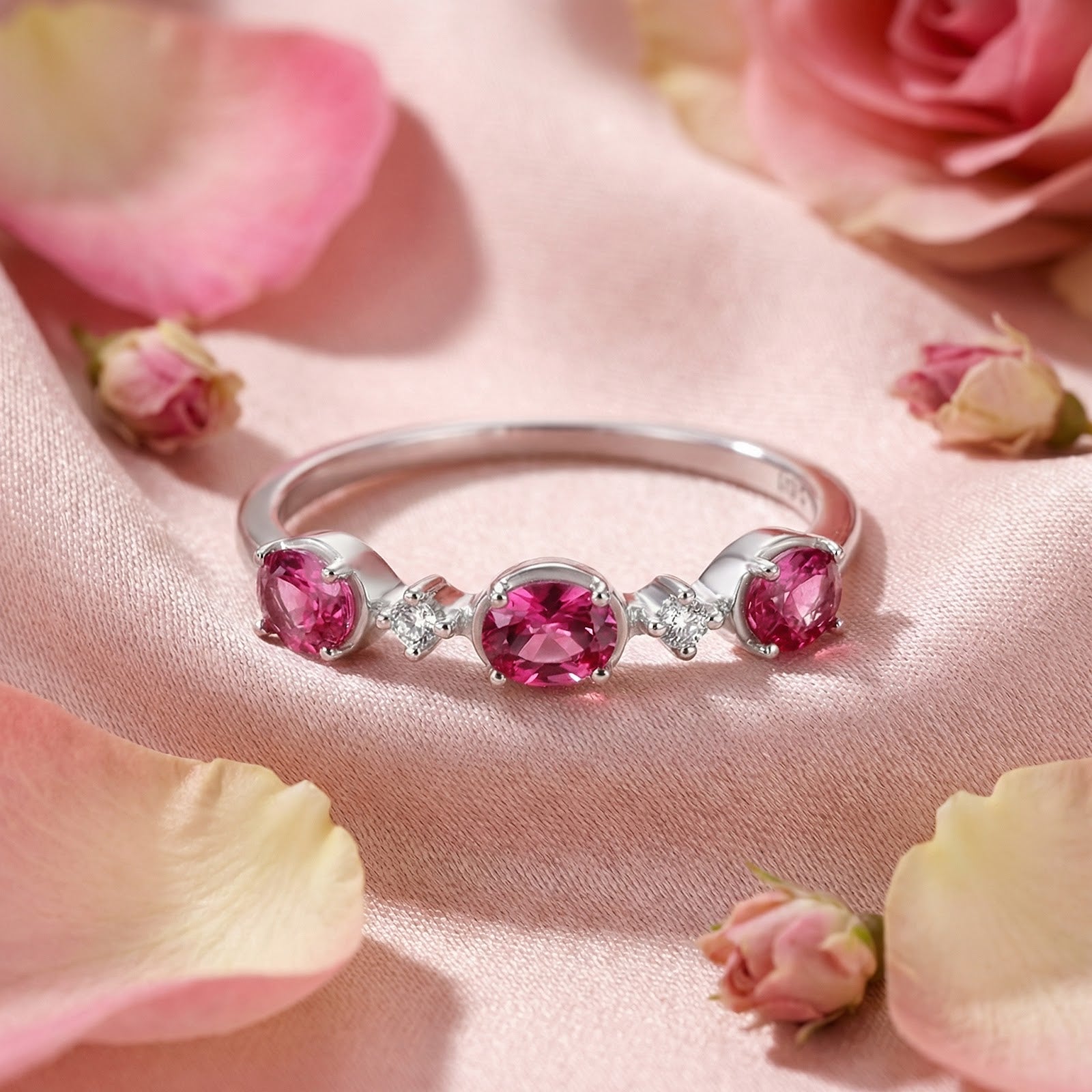 Aurelissa S925 sterling silver bypass ring with oval simulated pink tourmalines on pink fabric with rose petals.