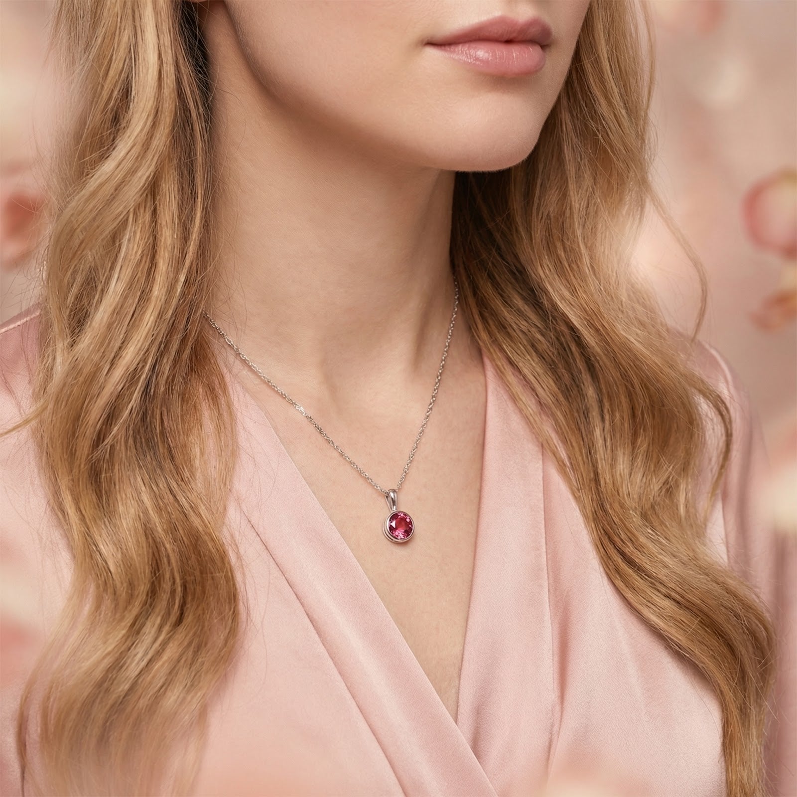 Model wearing the Mirellise solitaire necklace with a round pink tourmaline in S925 sterling silver.