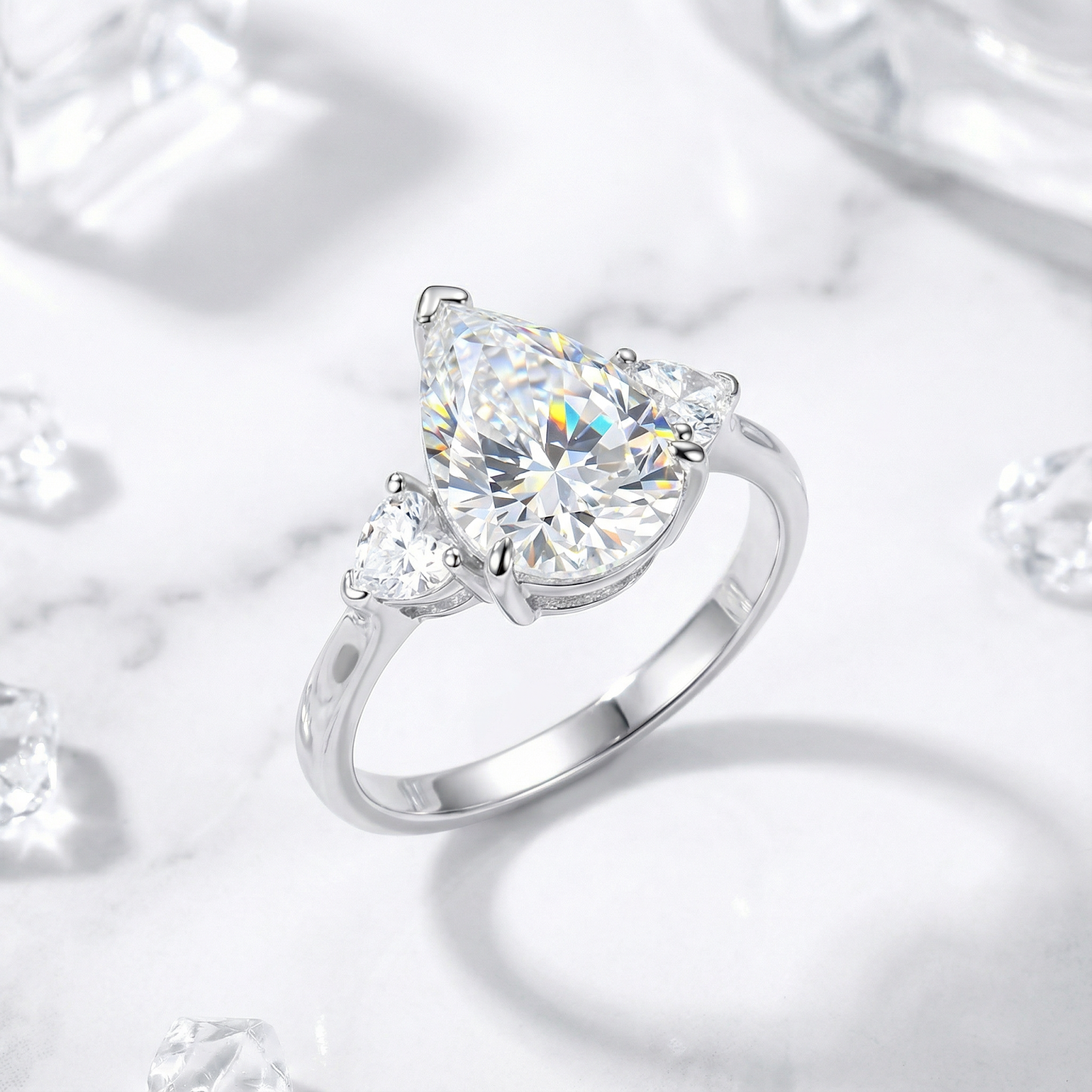 Detailed view of the pear cut simulated diamond center stone and side accents in a silver setting.