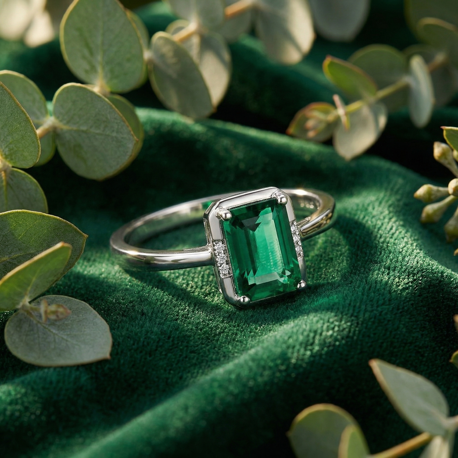 Emerald-cut simulated emerald ring in sterling silver on green velvet with eucalyptus leaves.