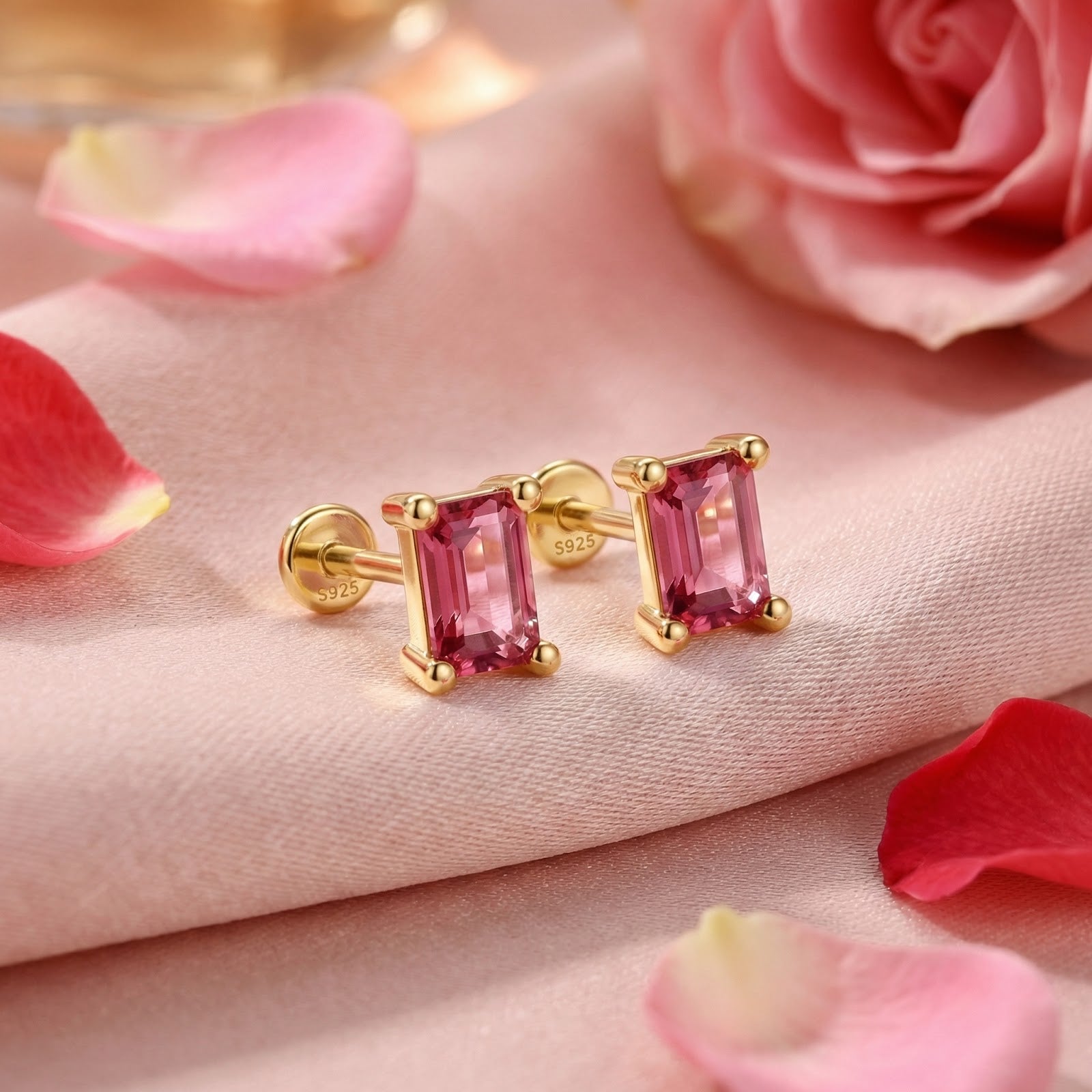 Baguette-cut simulated pink tourmaline stud earrings in 18K gold vermeil on pink silk with rose petals.