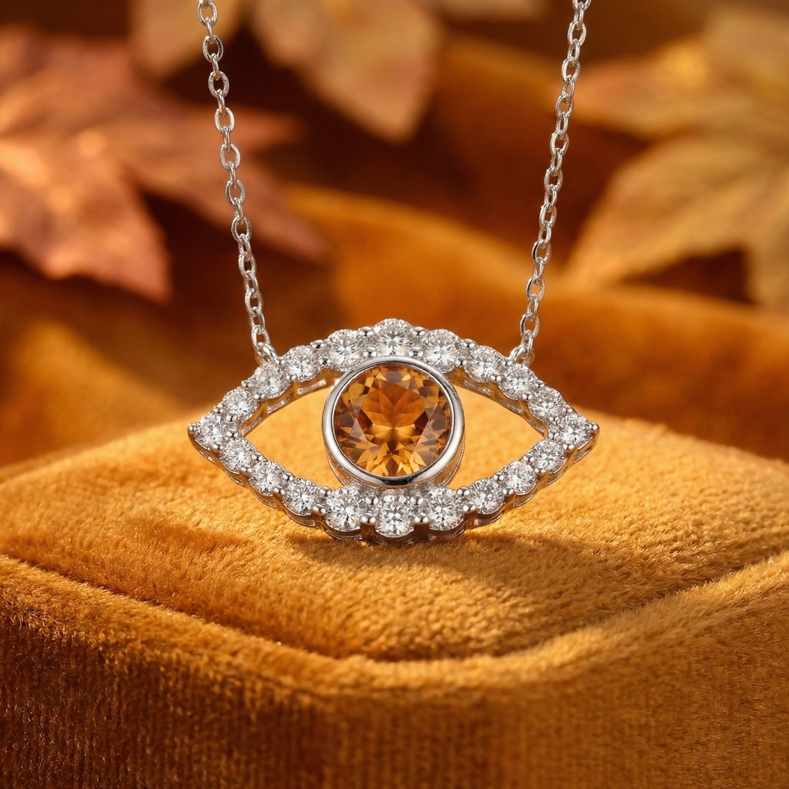 Macro view of the sterling silver Hesperis Eye pendant with a round cut honey moissanite and clear stone halo.