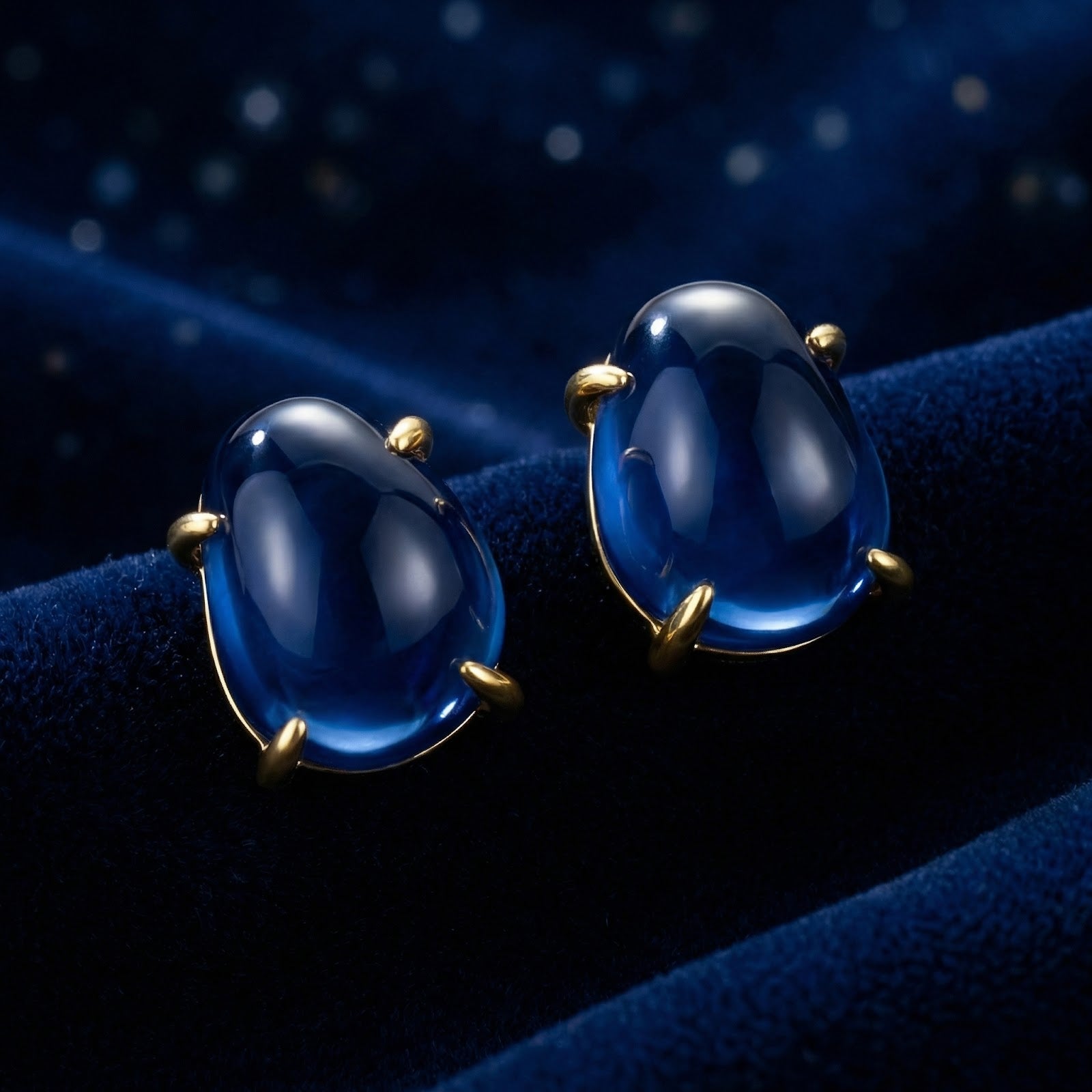 Angled view of the Azurene cabochon sapphire studs in 18K gold vermeil resting on blue velvet.