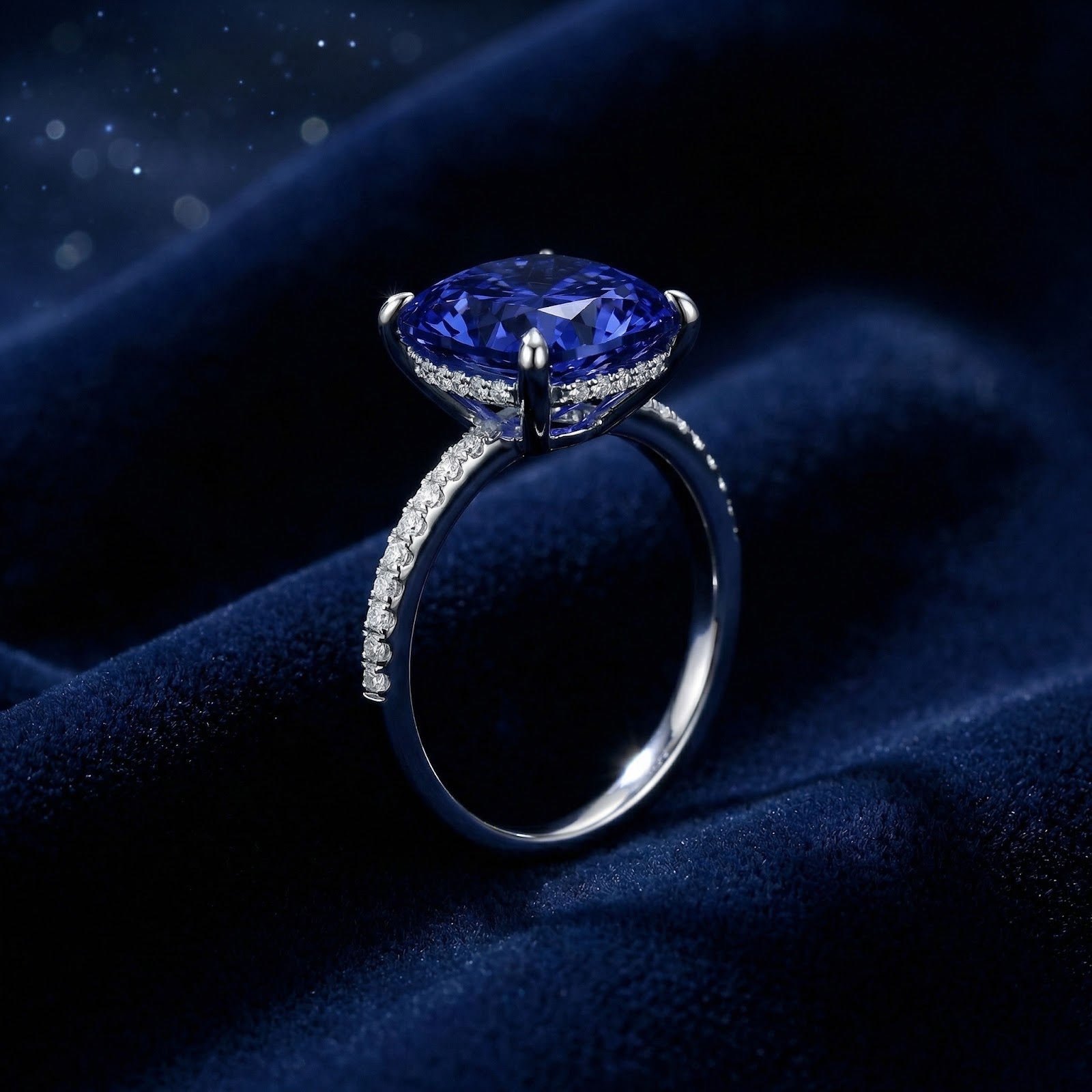 Side profile of a cushion cut blue sapphire ring in sterling silver showing the hidden halo and pave setting.