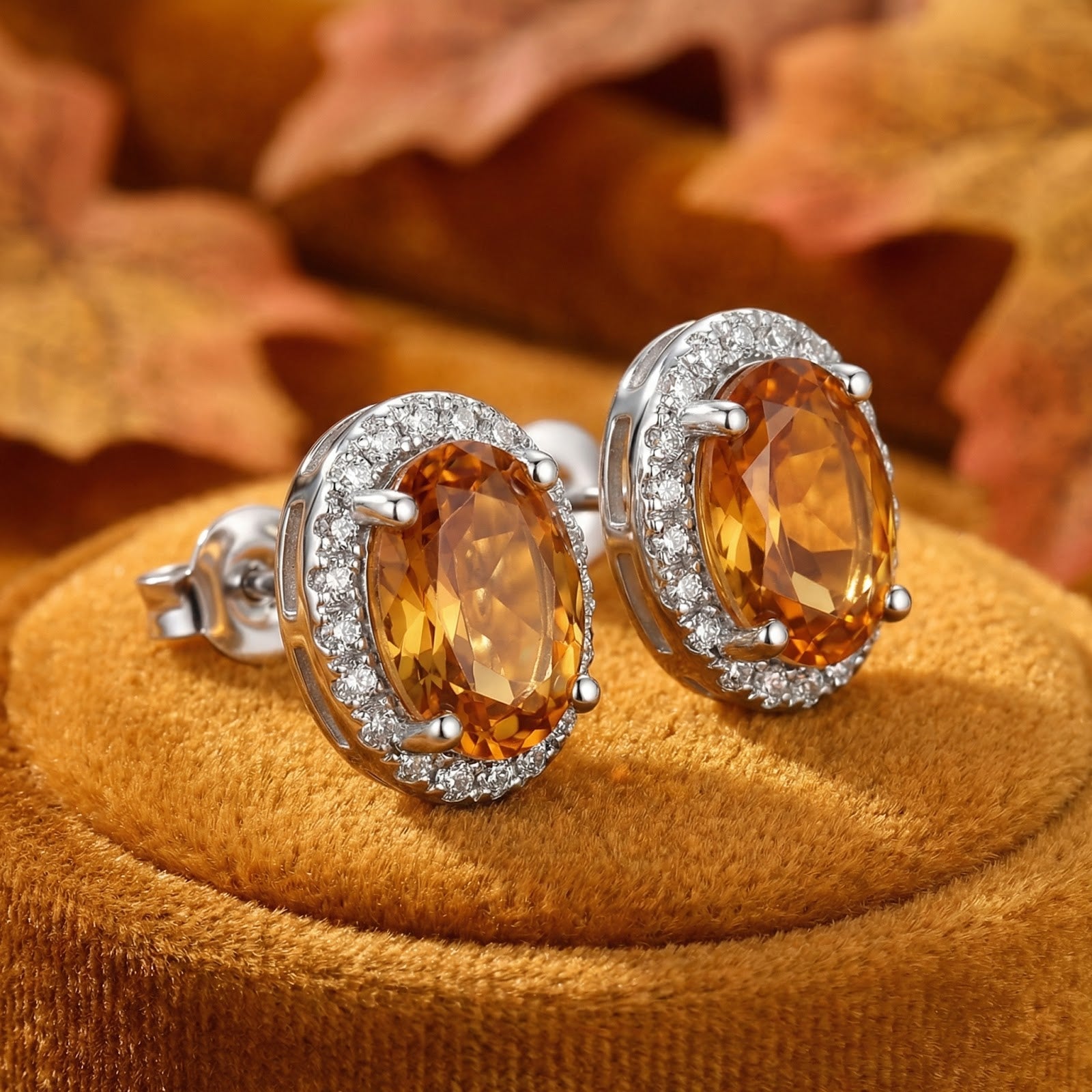 Macro shot of oval simulated topaz halo stud earrings in S925 sterling silver showing the side setting and earring post.