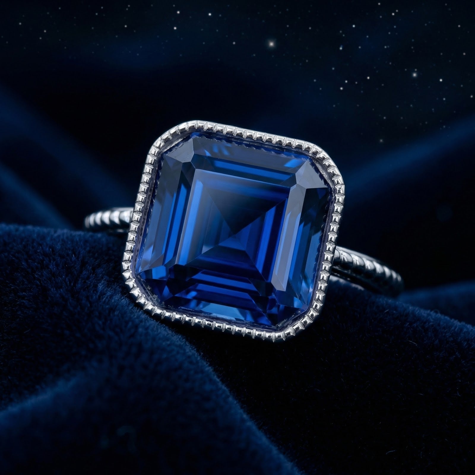 Close-up of a cushion-cut blue simulated sapphire in a milgrain sterling silver setting on blue velvet.