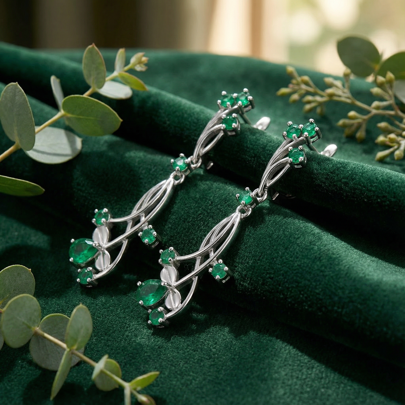 Side view of Calysia Vine sterling silver drop earrings with pear and round cut simulated emeralds on green velvet.
