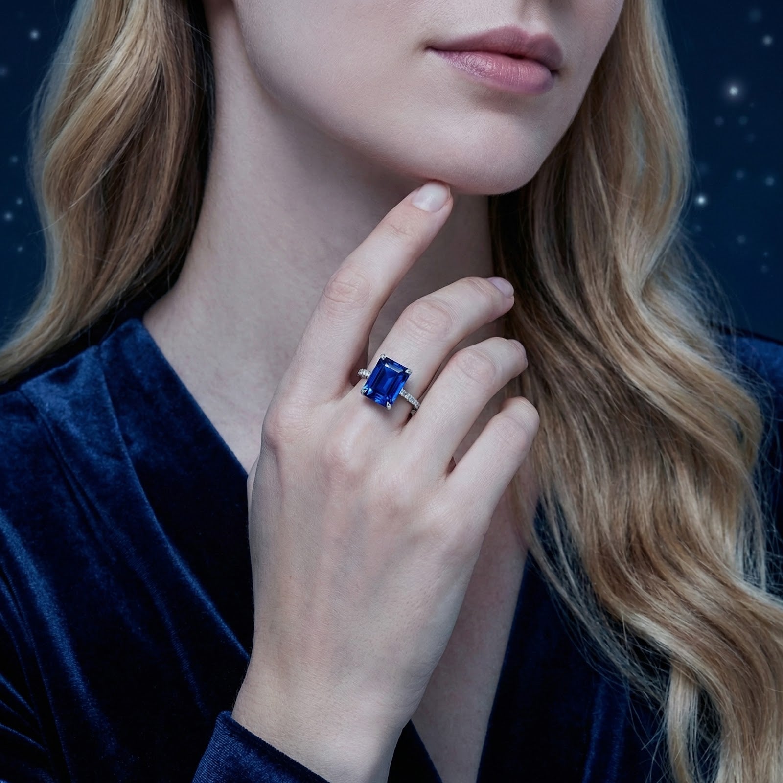 Model wearing the Astris radiant cut blue sapphire ring in sterling silver to show its size and deep royal blue color.
