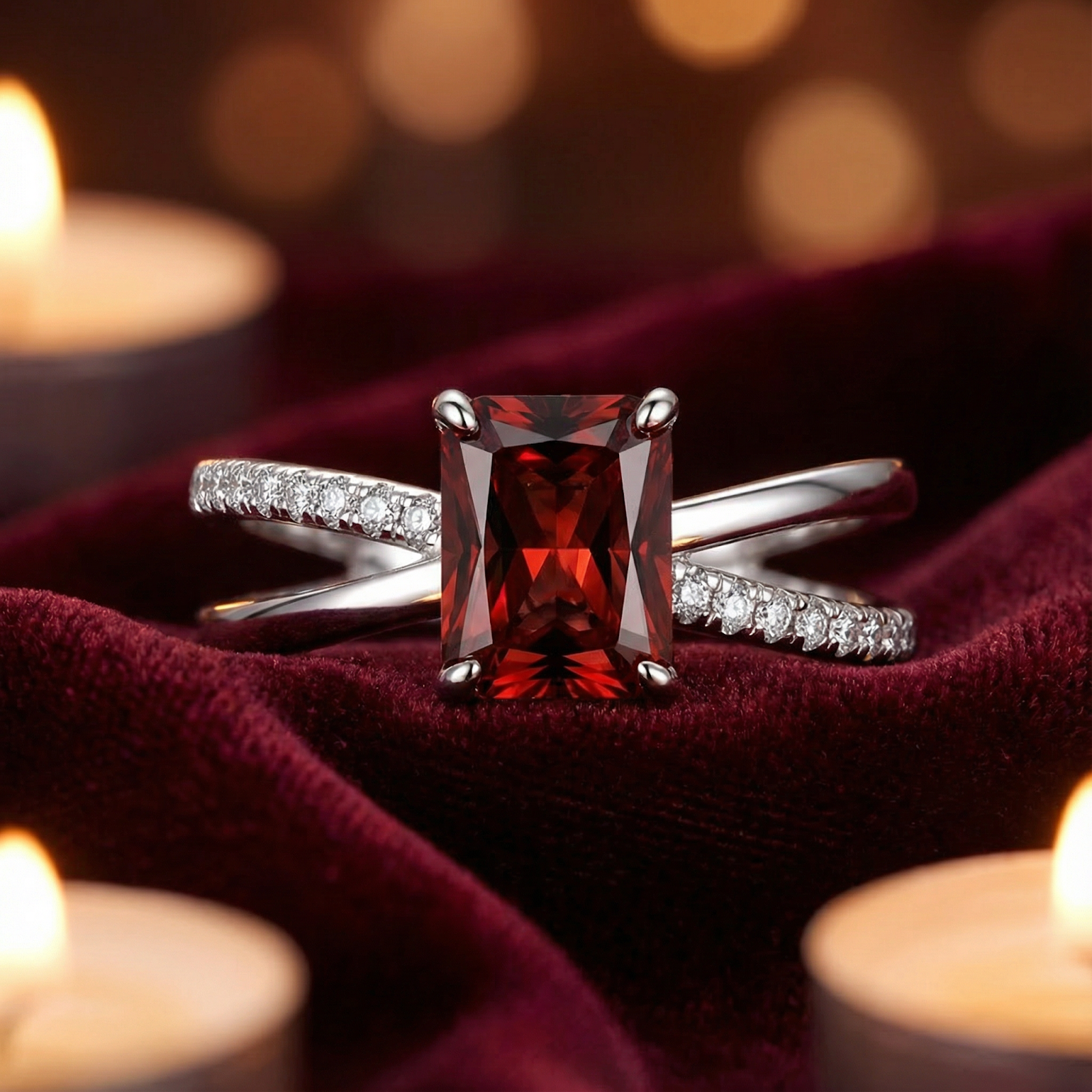 Emerald cut simulated garnet Isolt twist ring in S925 sterling silver on red velvet with warm candle bokeh.