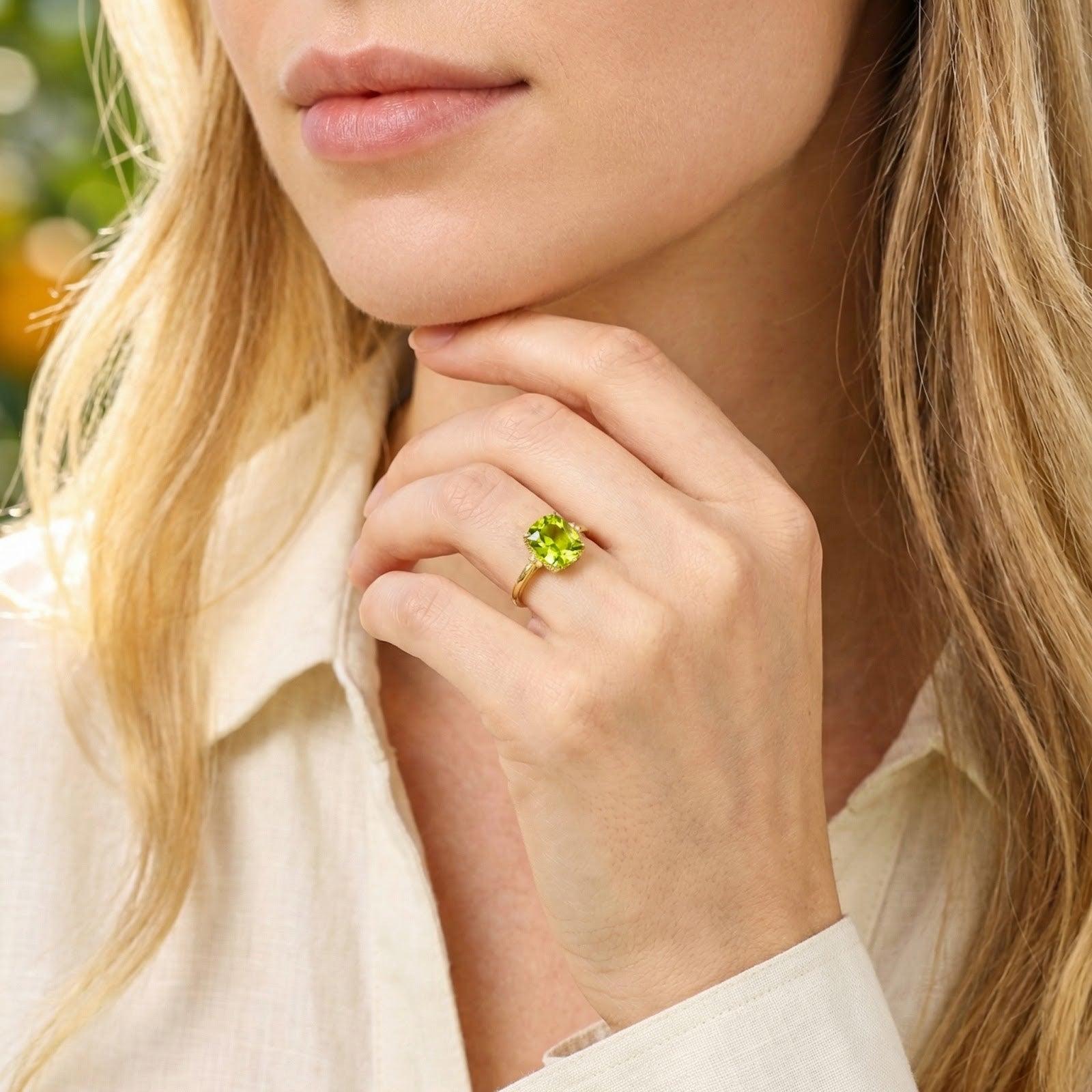 Azurina cushion cut peridot ring in 18K gold vermeil styled on a model's hand near her face.
