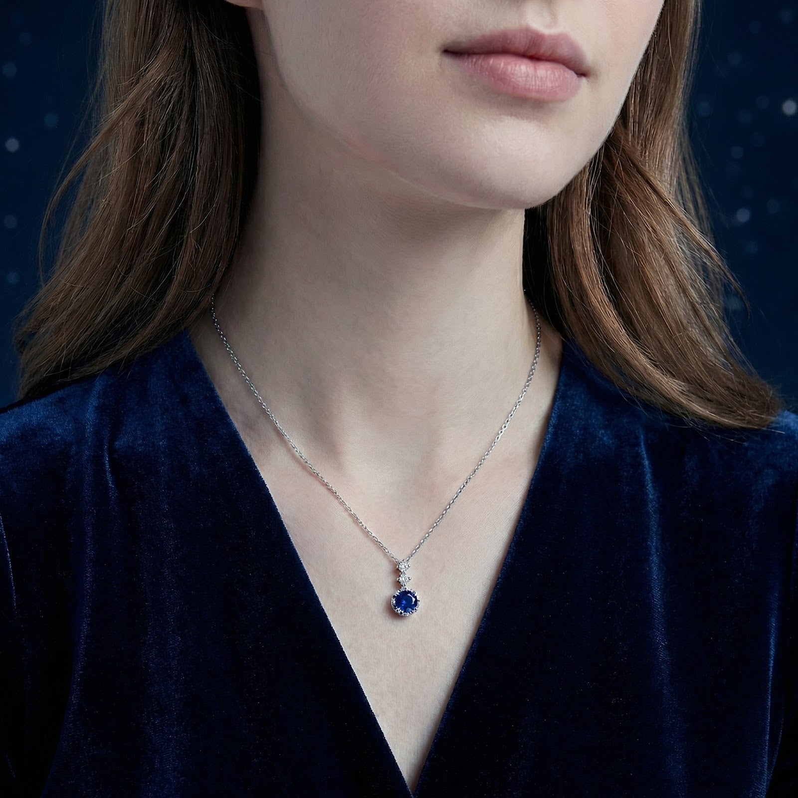 Model wearing the Mirellia sterling silver necklace with a round royal blue simulated sapphire pendant.