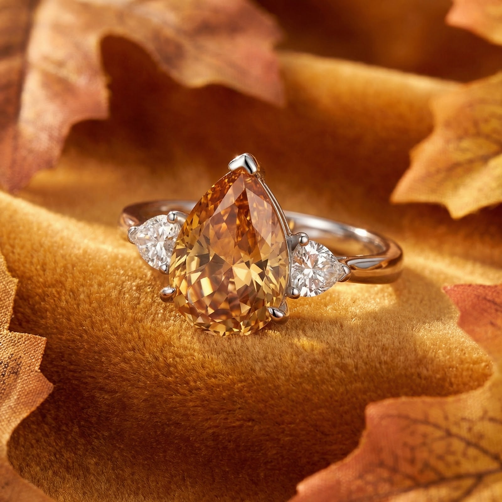 Pear-cut honey simulated topaz ring in silver-tone metal on brown velvet with autumn leaves.