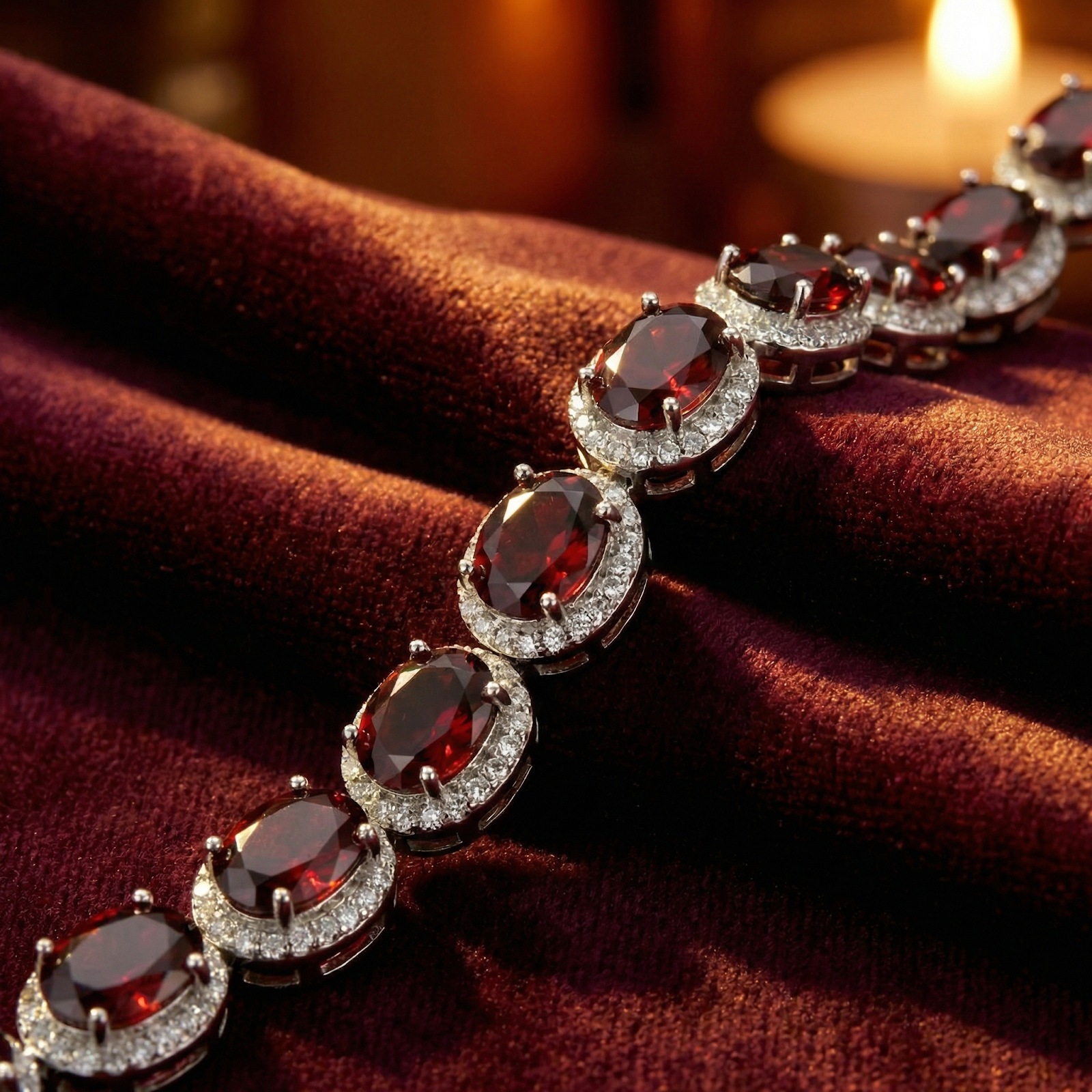 Macro view of oval-cut simulated garnets and halo settings on the sterling silver Cassia bracelet.
