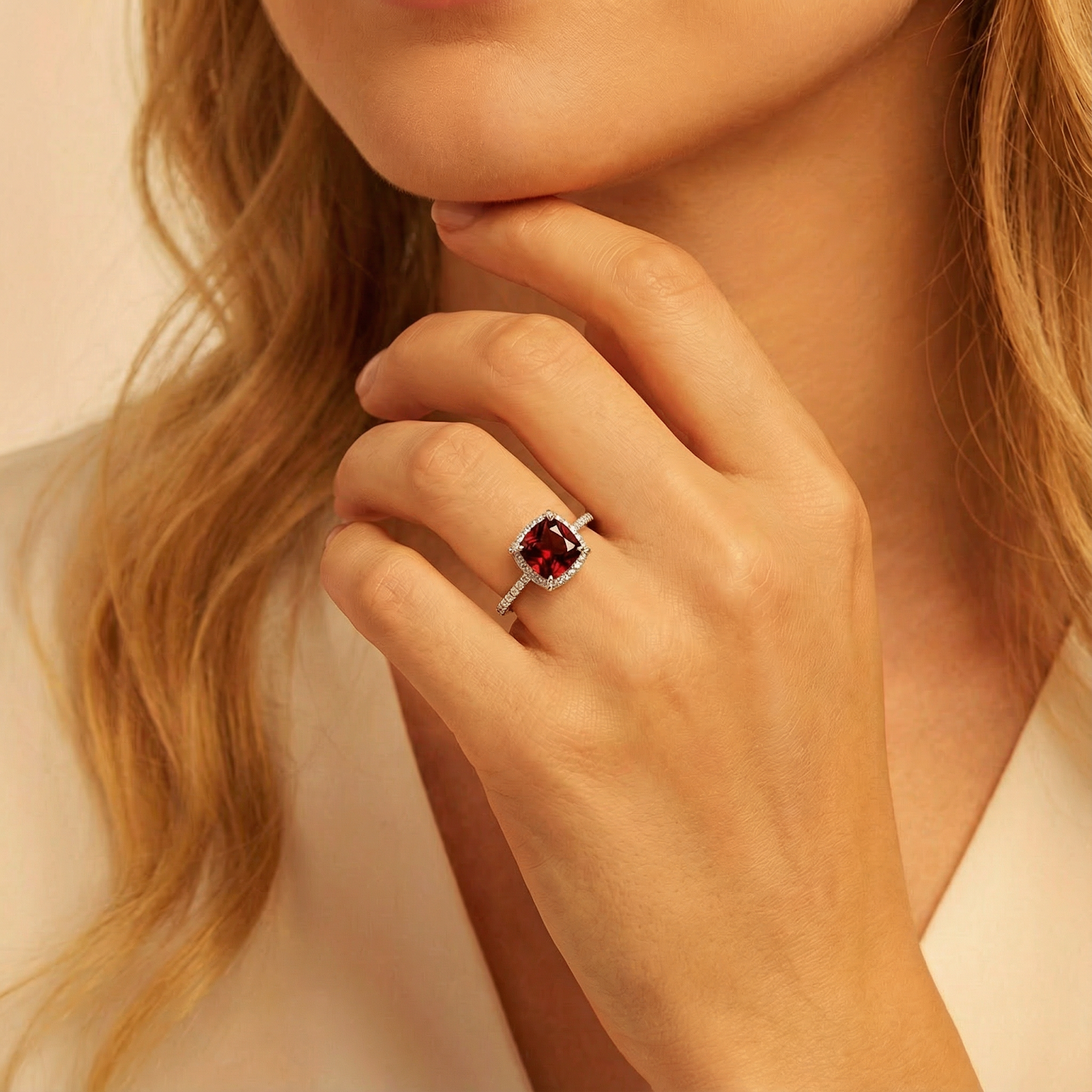 Woman wearing the cushion cut red simulated garnet ring in S925 sterling silver on her finger.