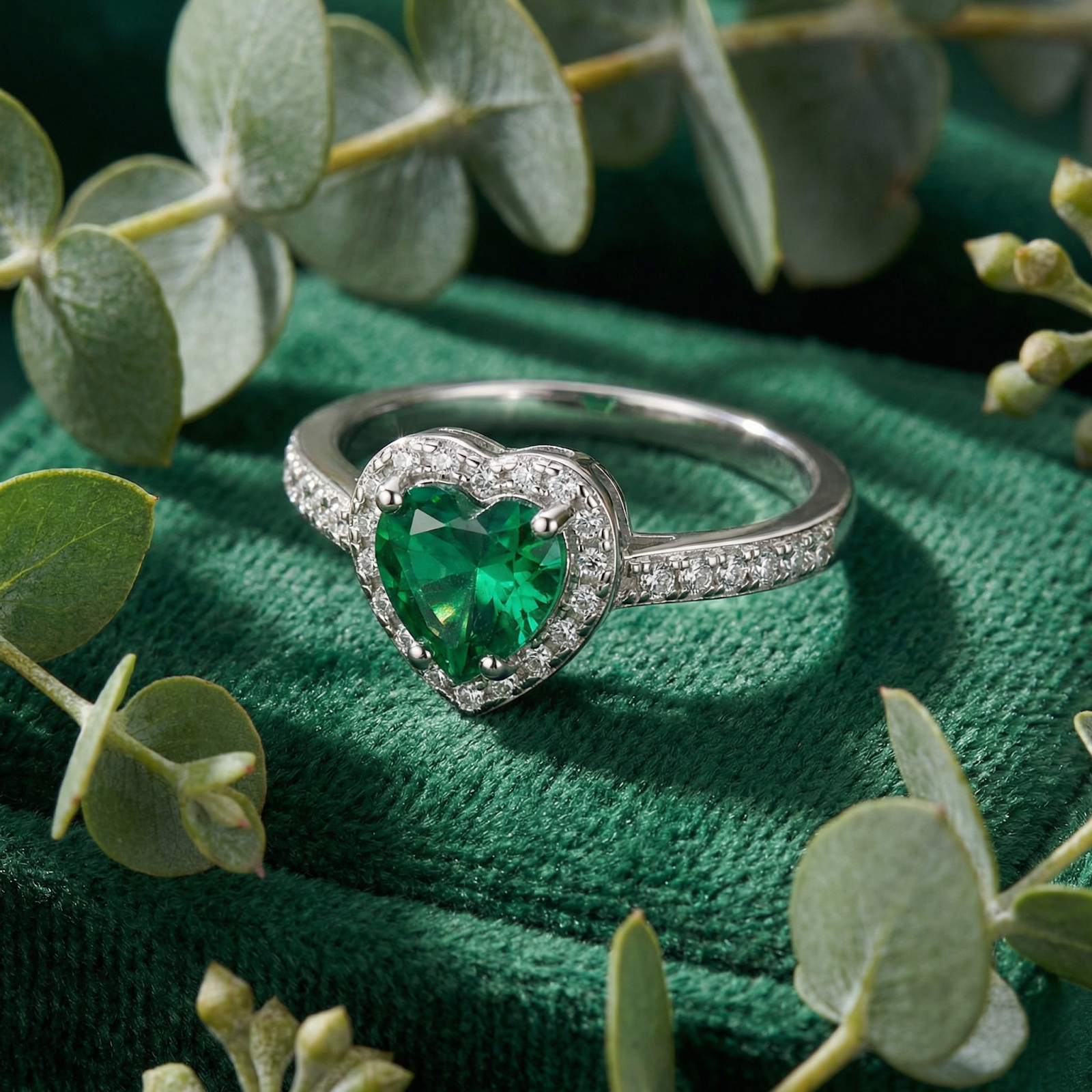 Close-up of a heart-shaped simulated emerald halo ring in rhodium-plated S925 sterling silver.